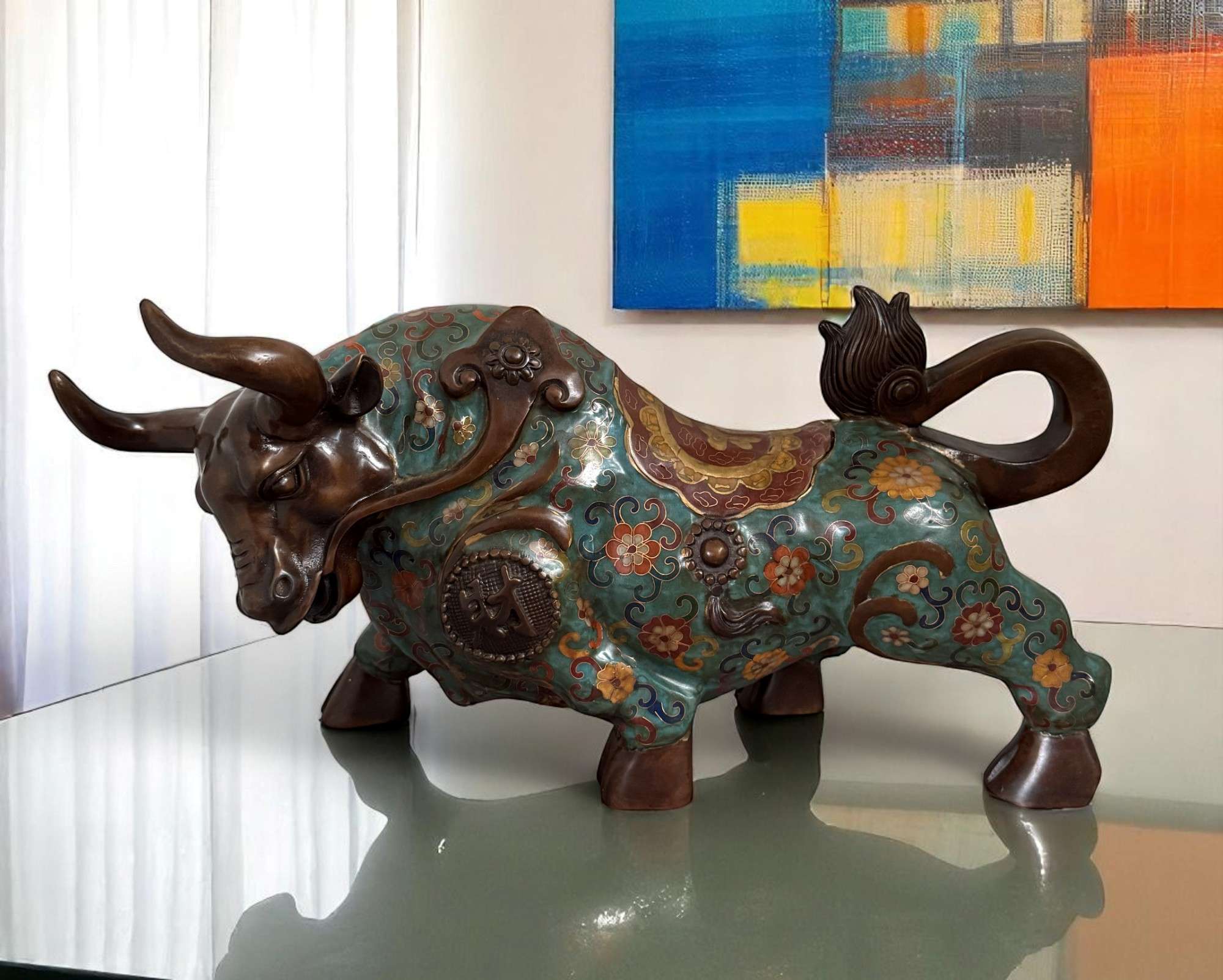 Bronze Büffel Skulptur – Chinesisches Tierkreiszeichen mit Cloisonné
