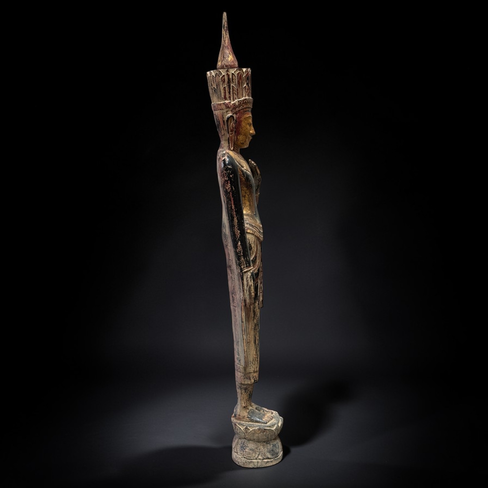 Königlicher Teakholz-Buddha Burma, 166 cm, 19. Jahrhundert – Seltene Herz-Mudra