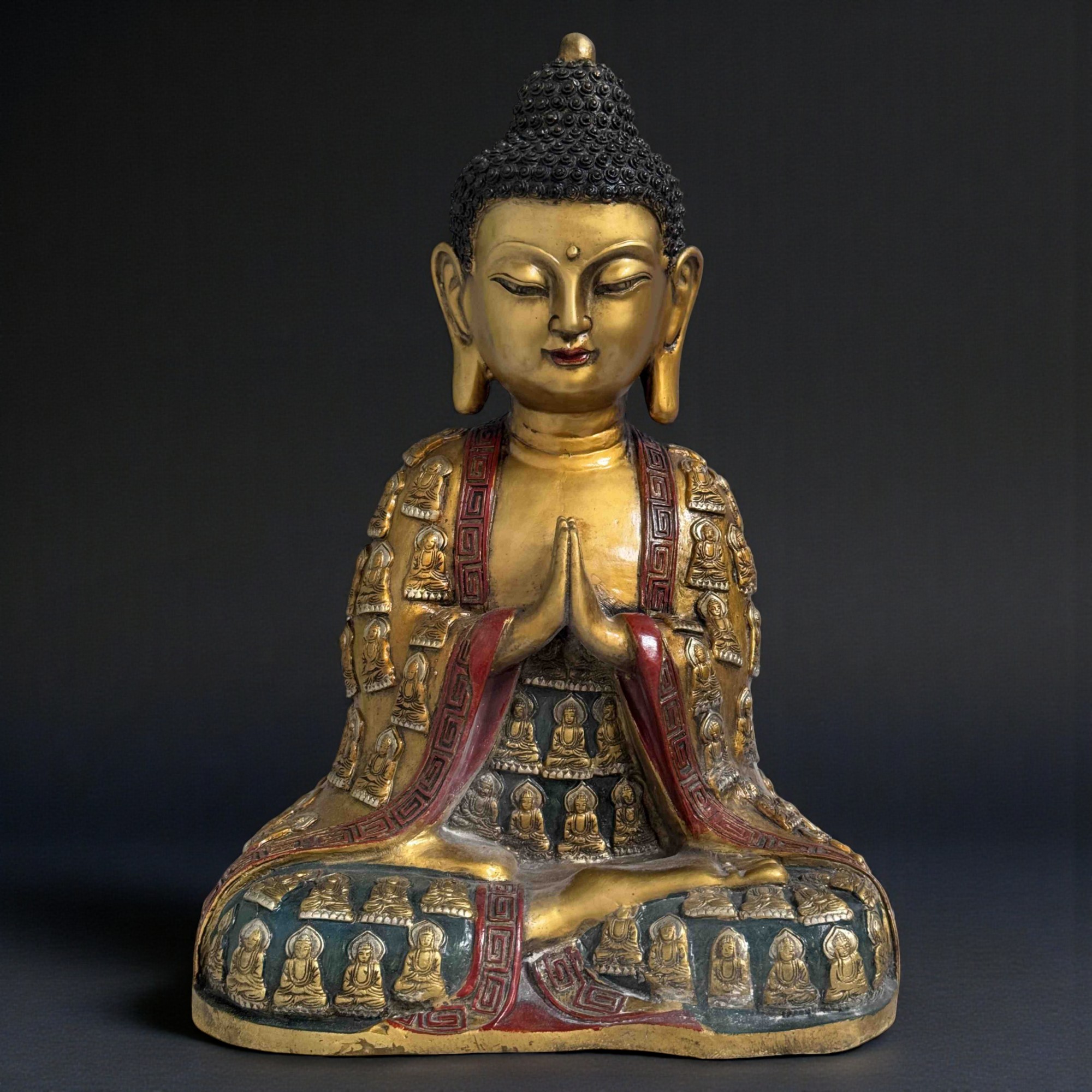 Bronze Buddha Figur – Tibet/China Grenzregion – 41 cm – Anjali Mudra – Verziertes Gewand