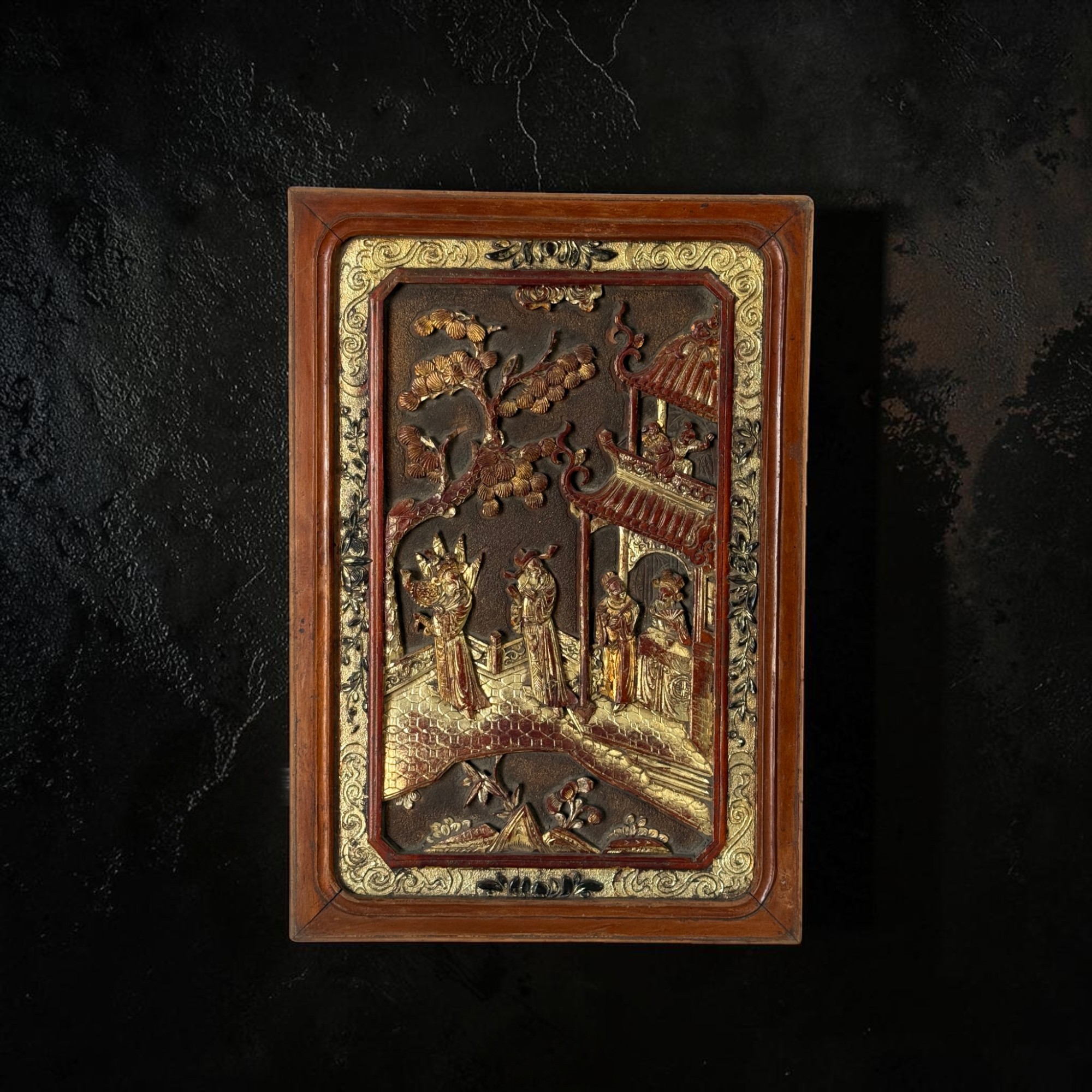 Alte chinesische Holztafel mit Reliefschnitzerei Wandbild 52x35,5 cm