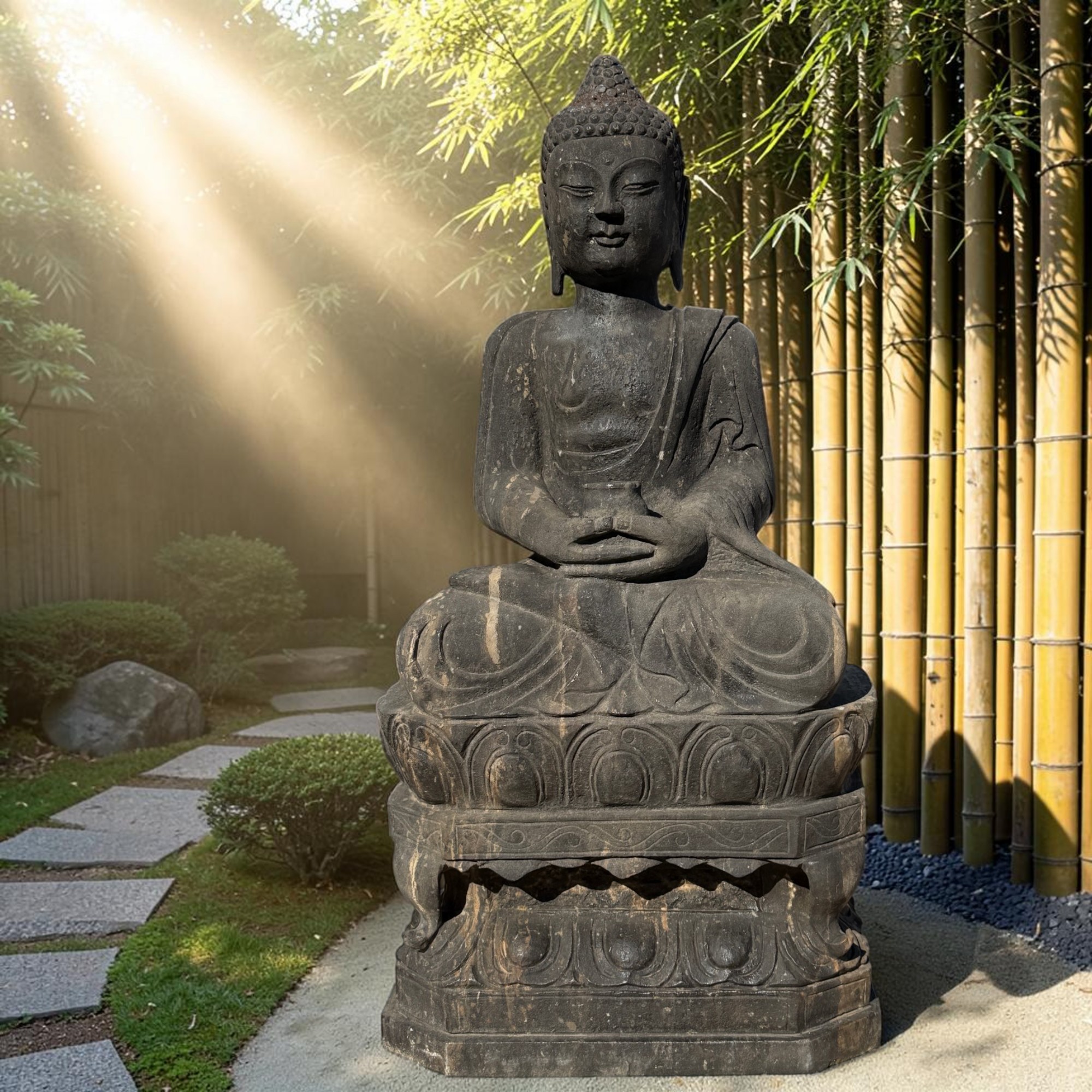 Garten Buddha Statue Naturstein Skulptur Amitabha 79cm Bluestone alter Zustand