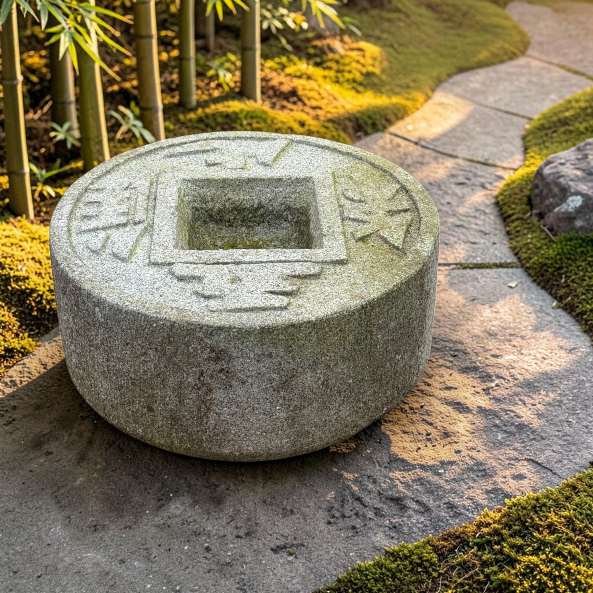 Altes Japanisches Tsukubai Steinbecken Granit - Zen-Münzbecken - 45cm Bemoost