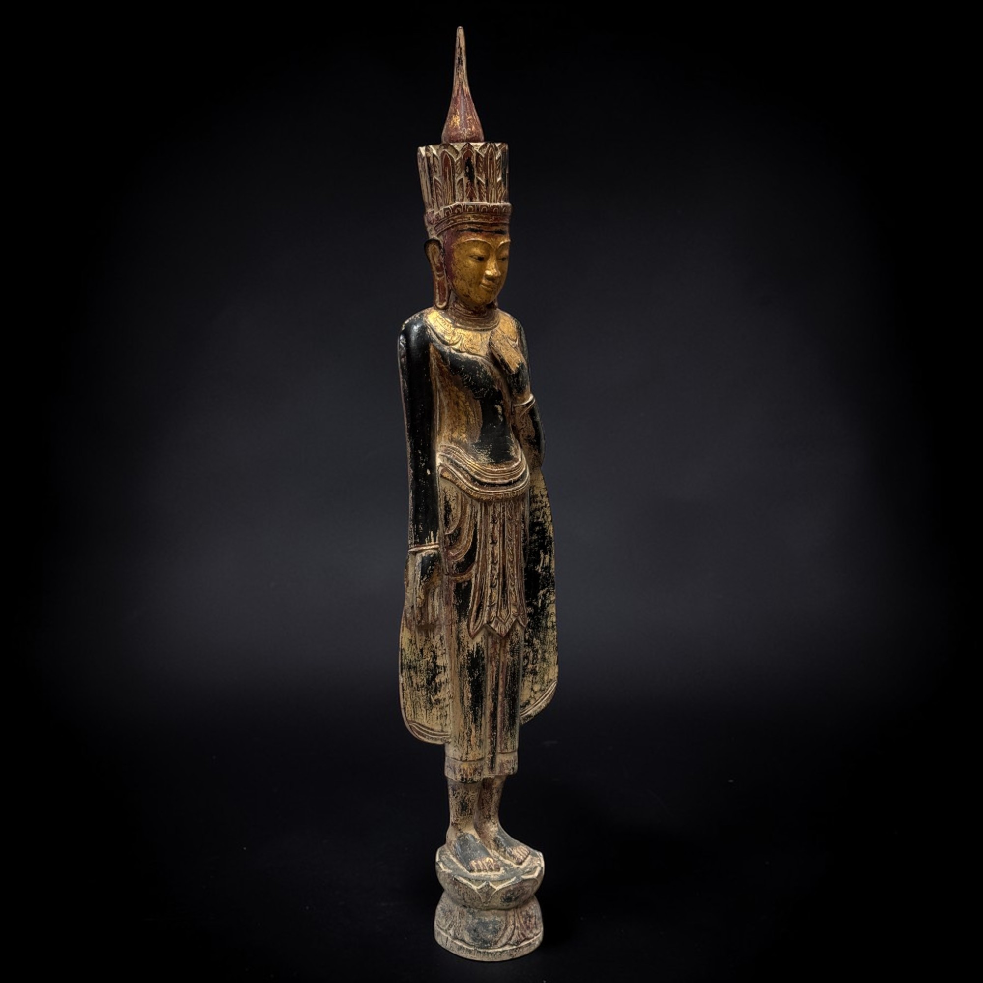 Königlicher Teakholz-Buddha Burma, 166 cm, 19. Jahrhundert – Seltene Herz-Mudra