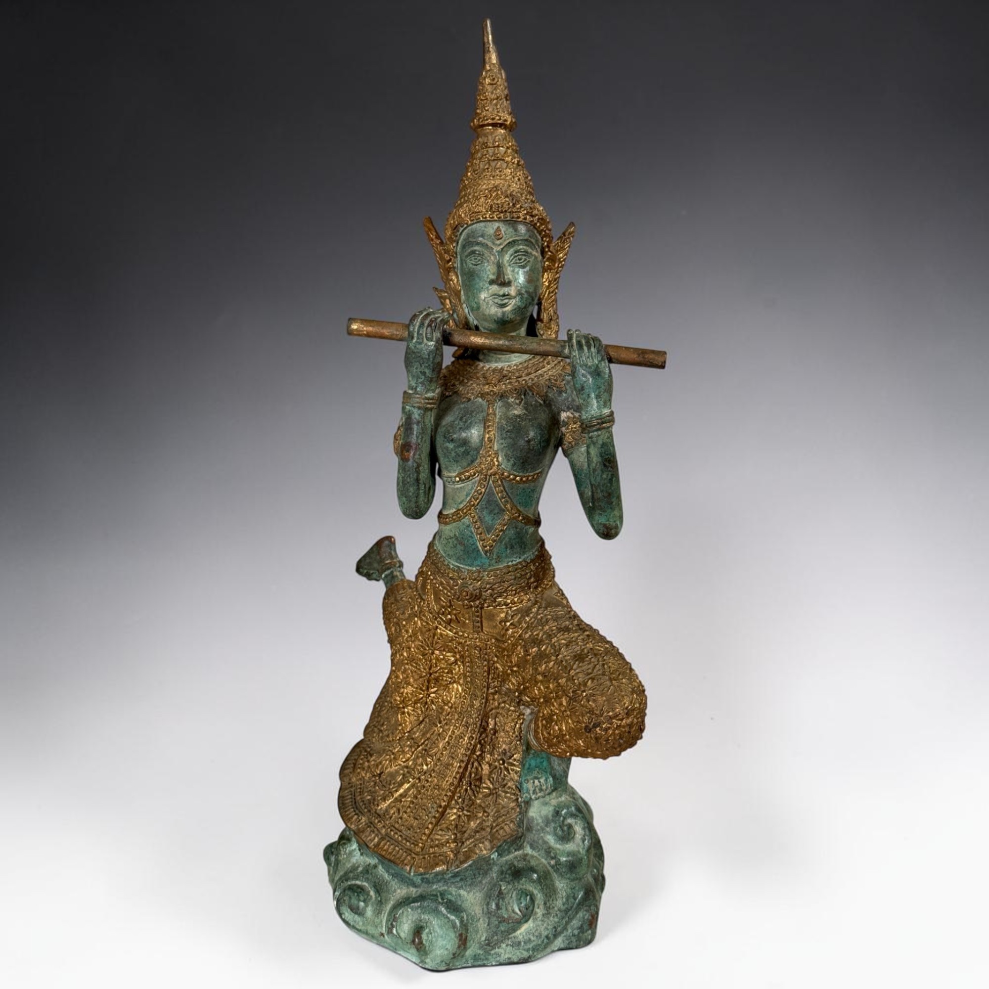 Thailändischer Prinz Bronze Figur mit Flöte | 40,5cm Phra Aphai Mani | Alt Unikat