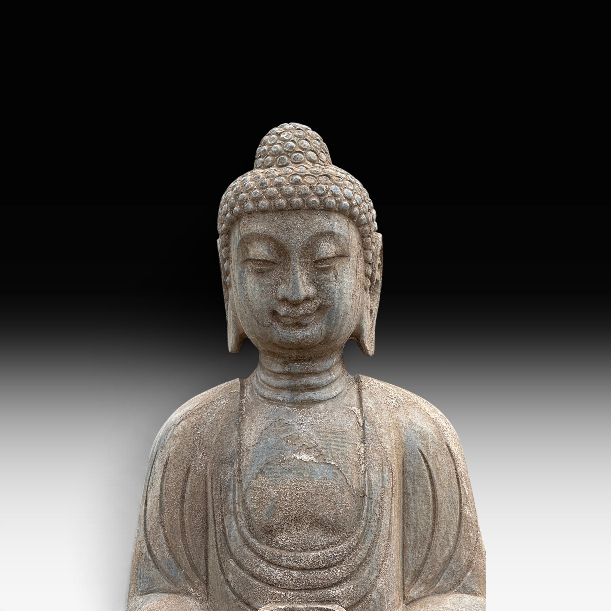 Amitabha Buddha Gartenfigur Naturstein (Bluestone), sitzend, frostfest, 79 cm