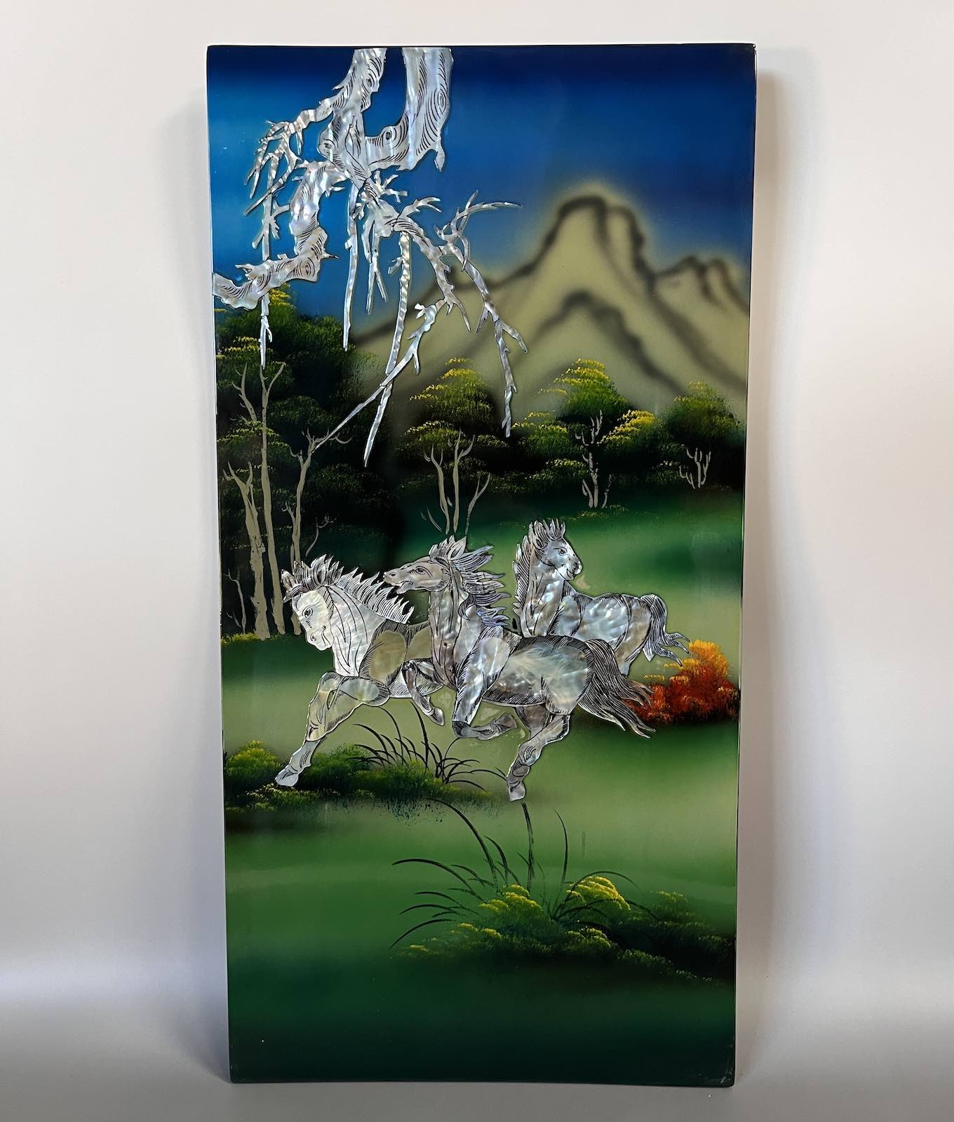 Asiatisches Wandbild Holz Lackbild Perlmutt Wanddeko - Pferde