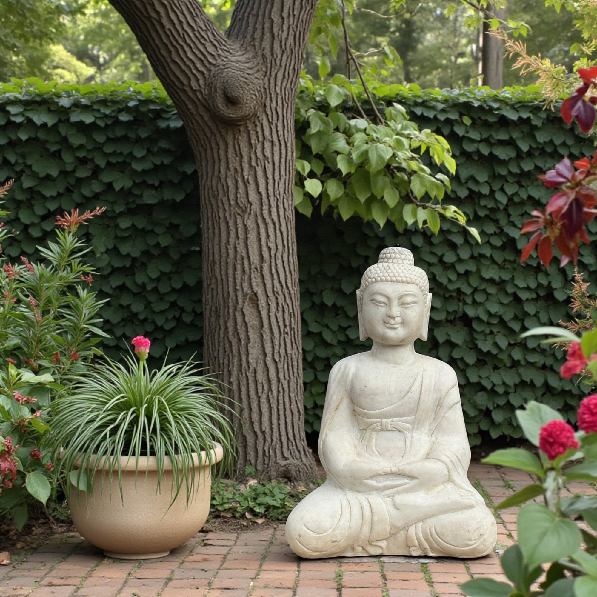 Marmor-Buddha sitzend 45cm – Amitabha Meditationsgeste – Naturstein-Unikat