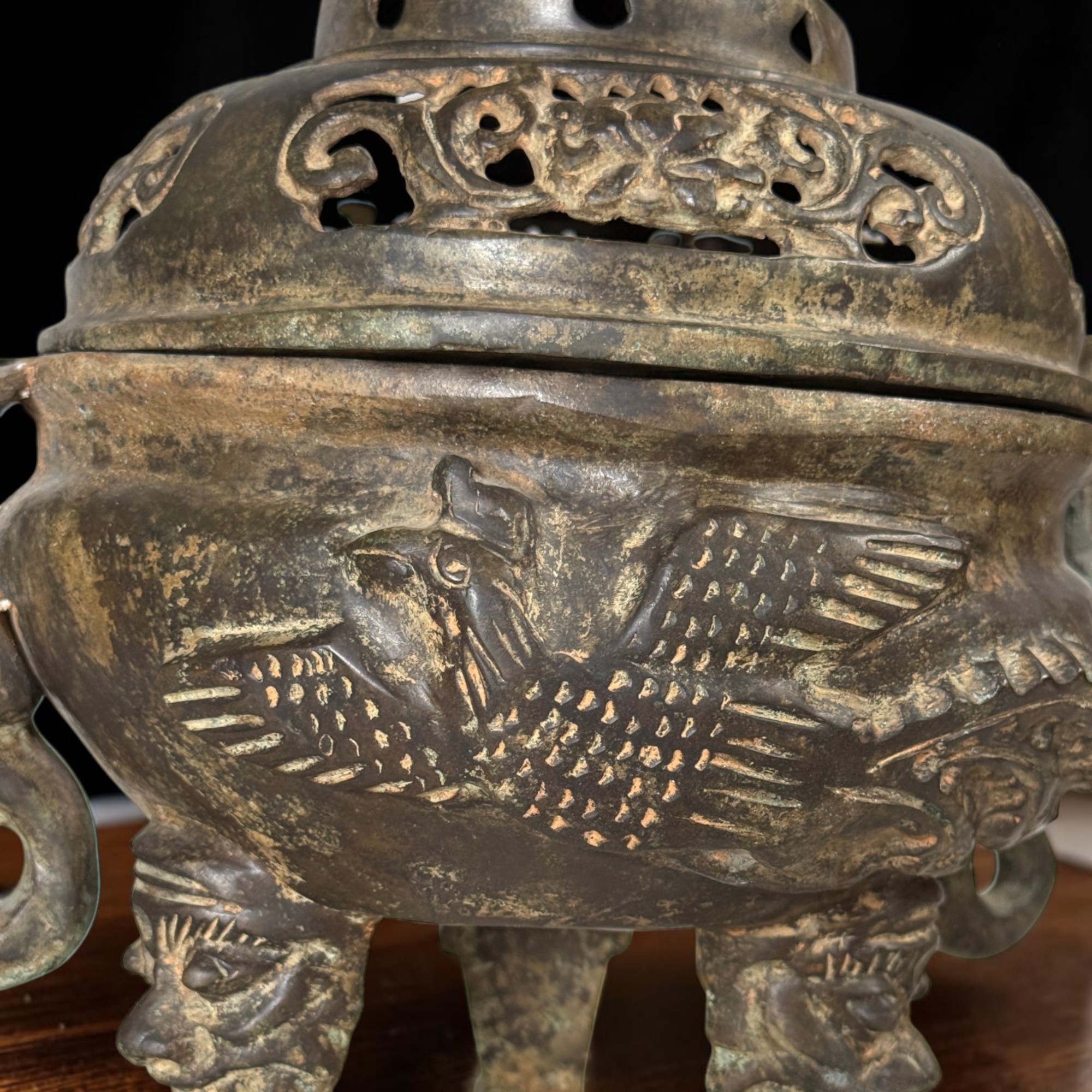 Altes chinesisches Räuchergefäß Bronze Eisen Drachen & Phönix