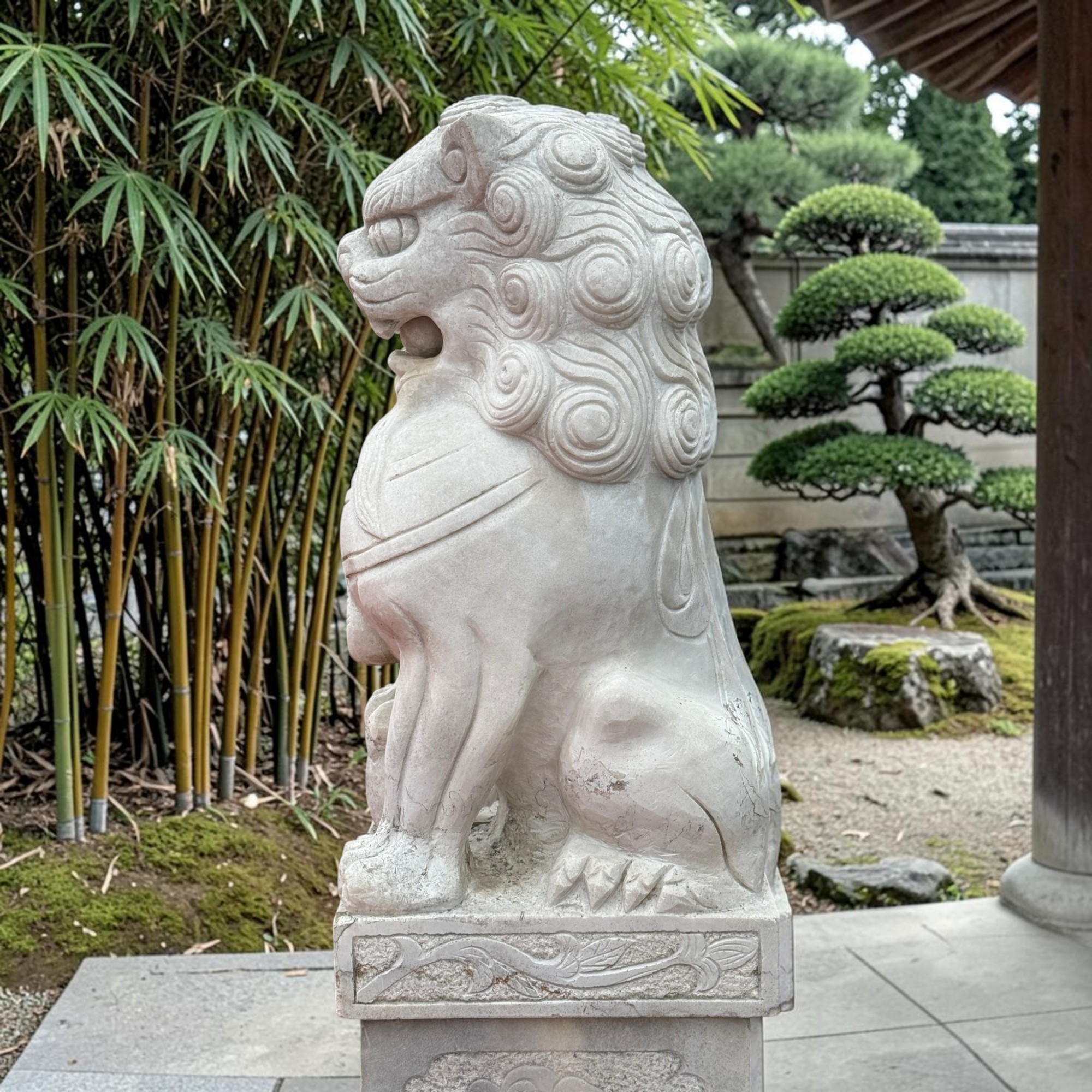 Fu-Hunde 150cm: Paar alte chinesische Wächterlöwen aus Stein für den Asia Garten