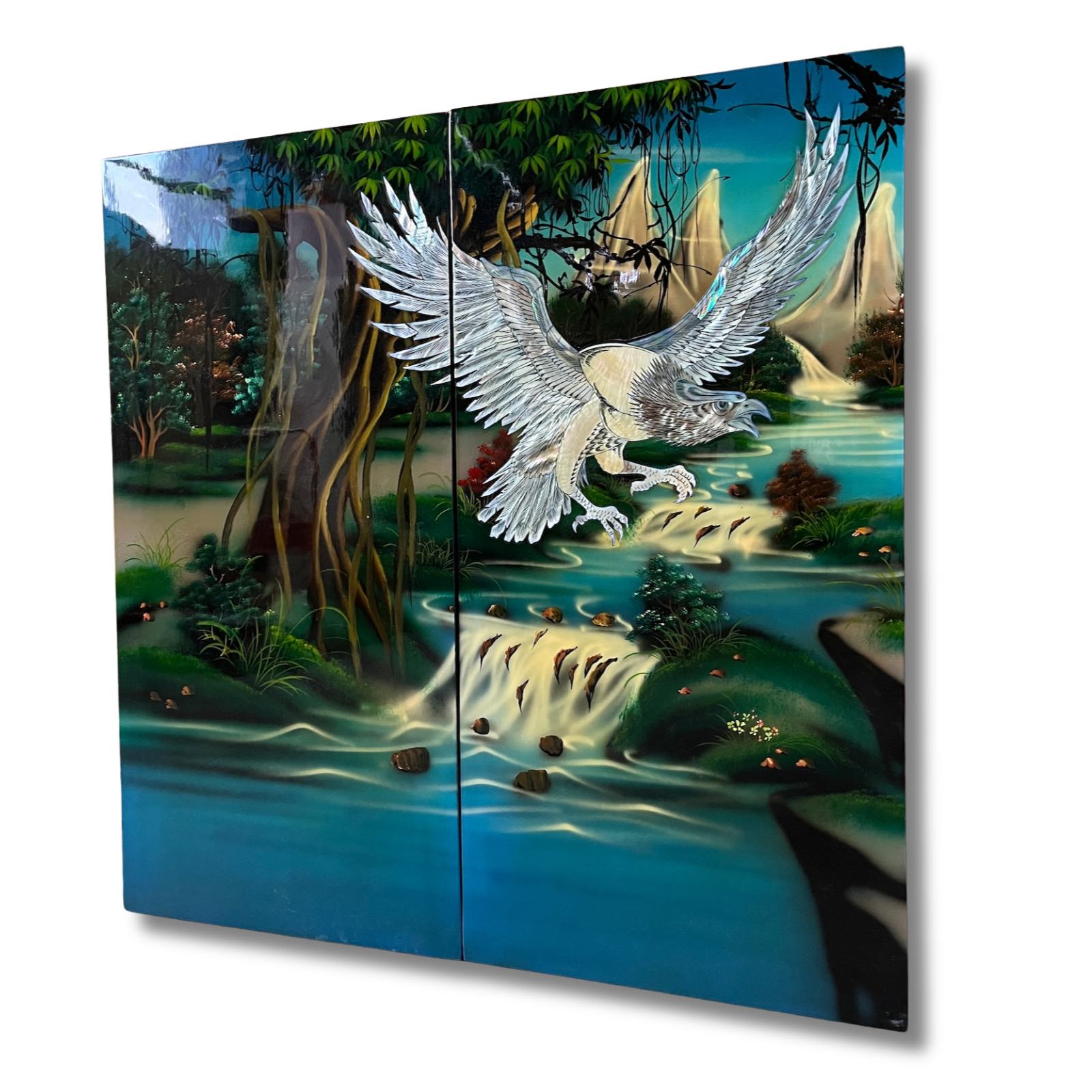 Asiatisches Wandbild Holz Lackbild Perlmutt mit Adler 0,8m