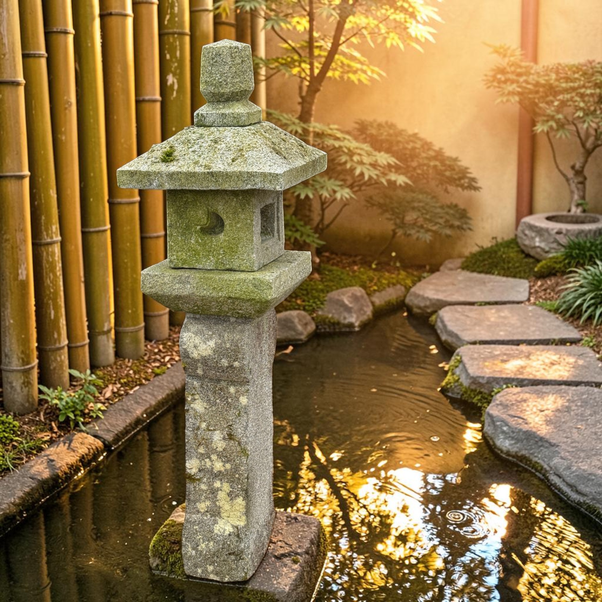 Alte Japanische Steinlaterne Granit 113cm - 5-teilig - Bemoost & Frostfest