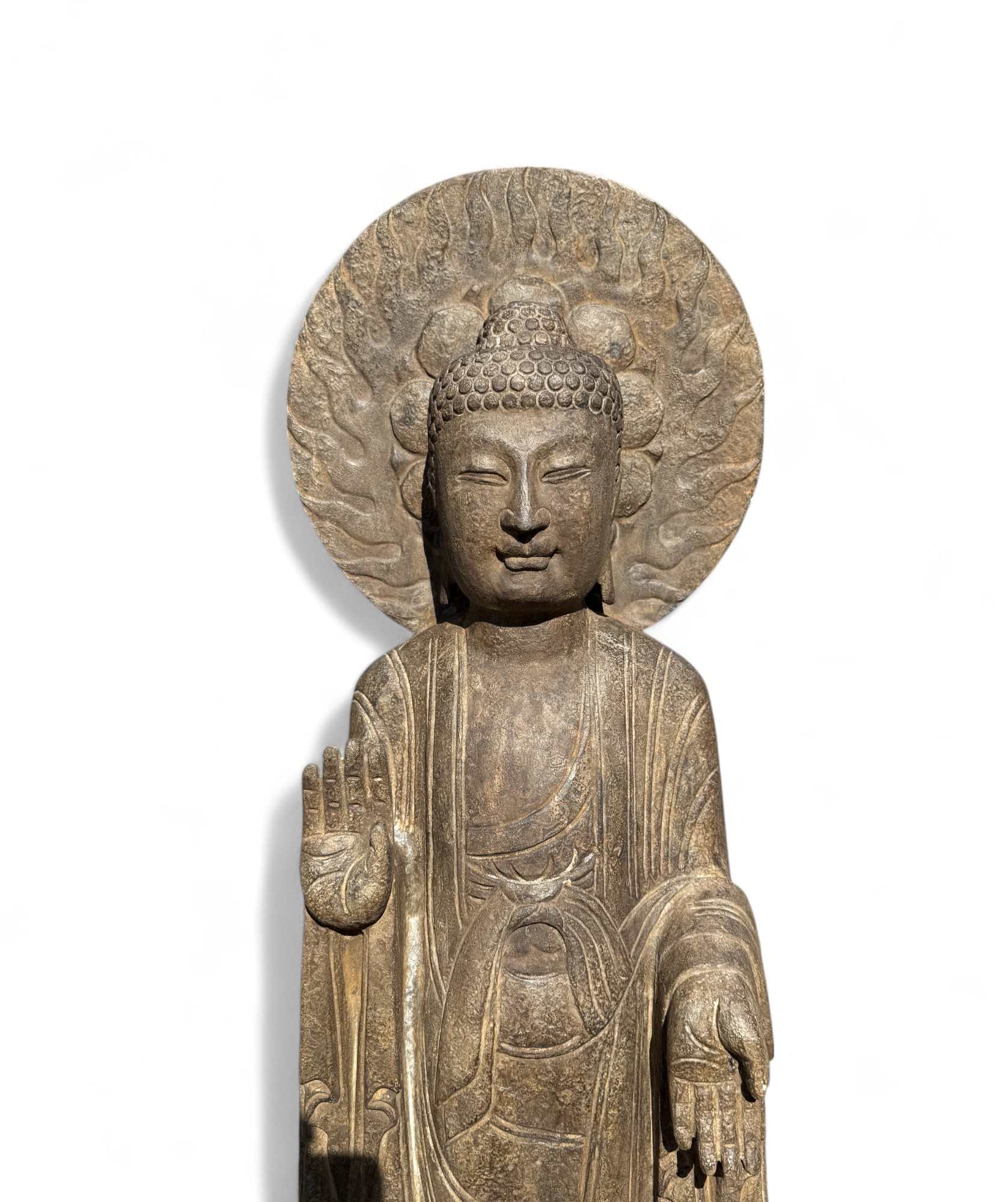 Garten Buddha Statue Naturstein Skulptur mit Aureole