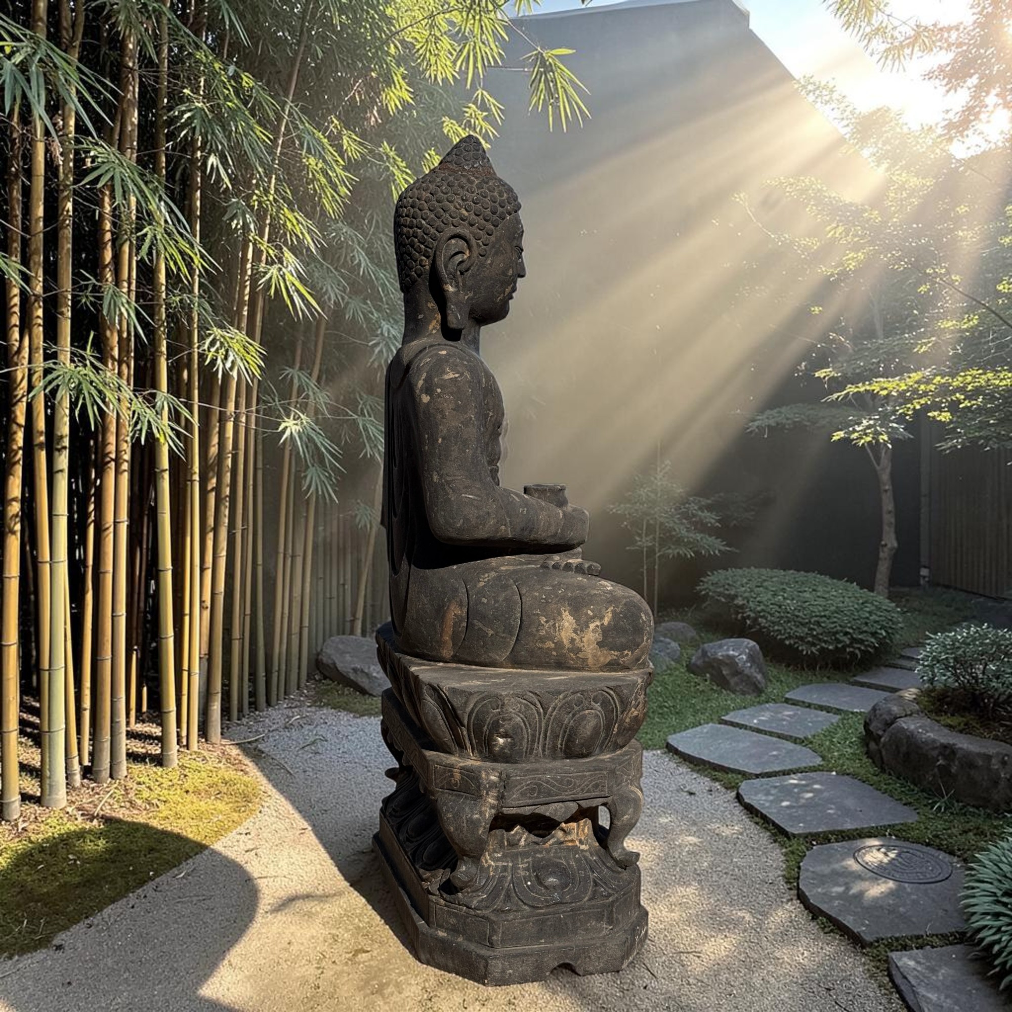 Garten Buddha Statue Naturstein Skulptur Amitabha 79cm Bluestone alter Zustand