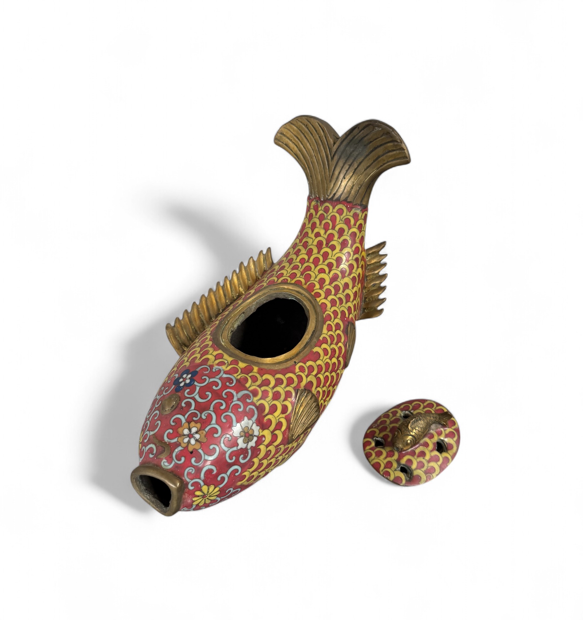 Koi Fisch Bronze Skulptur Cloisonné China mit Deckel – Räuchergefäß