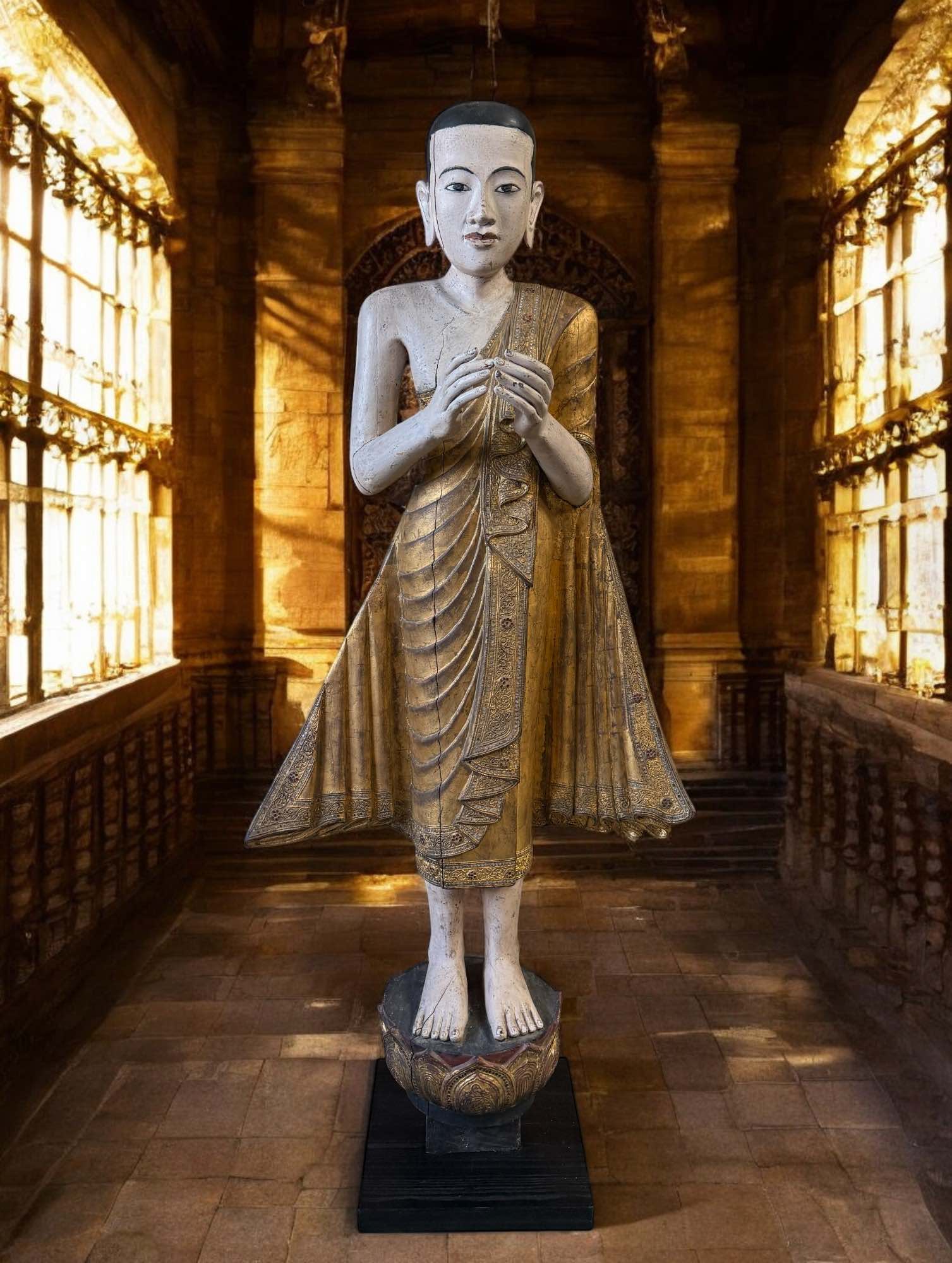 Burma Mönch Statue Teak Holz Skulptur meditierende Pose