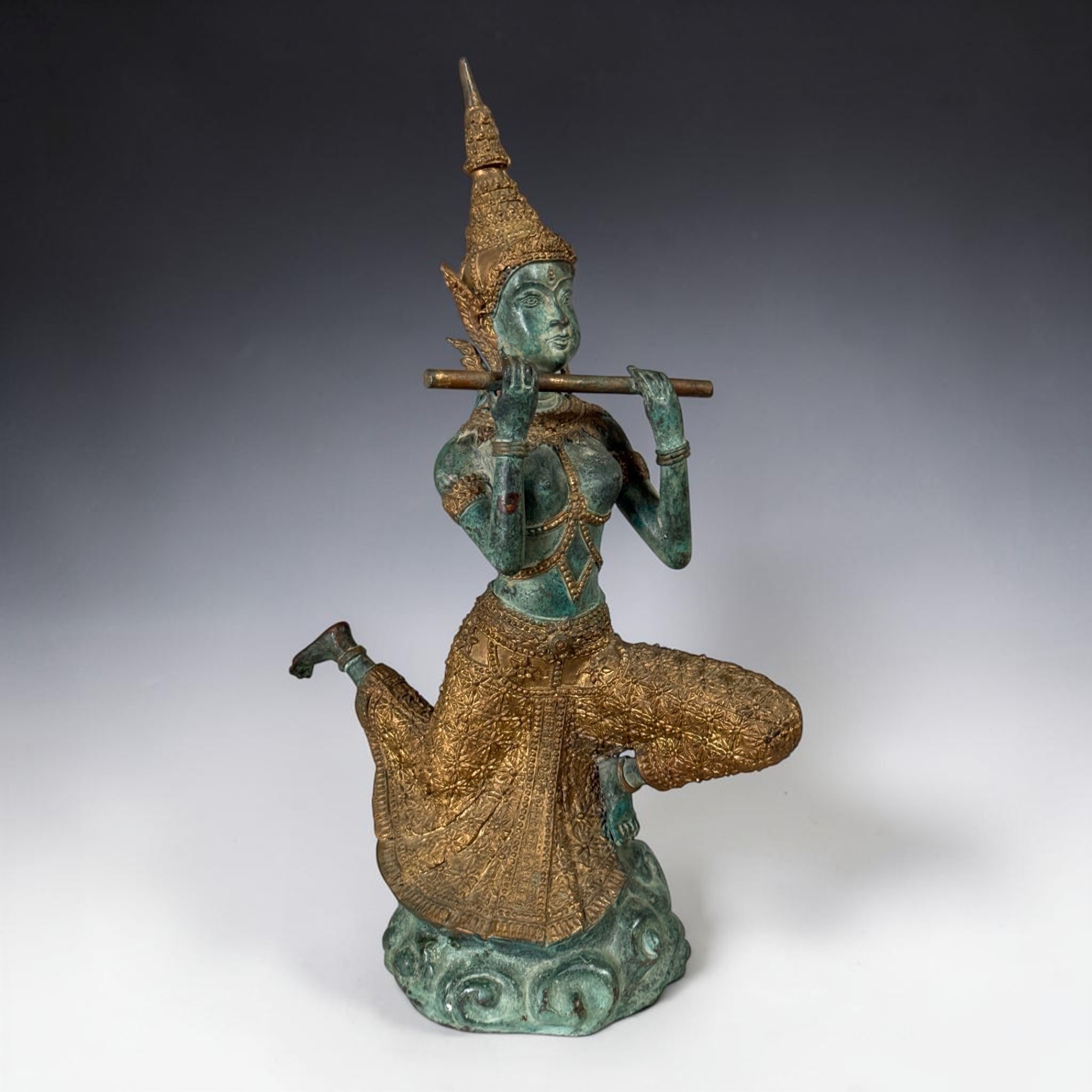 Thailändischer Prinz Bronze Figur mit Flöte | 40,5cm Phra Aphai Mani | Alt Unikat