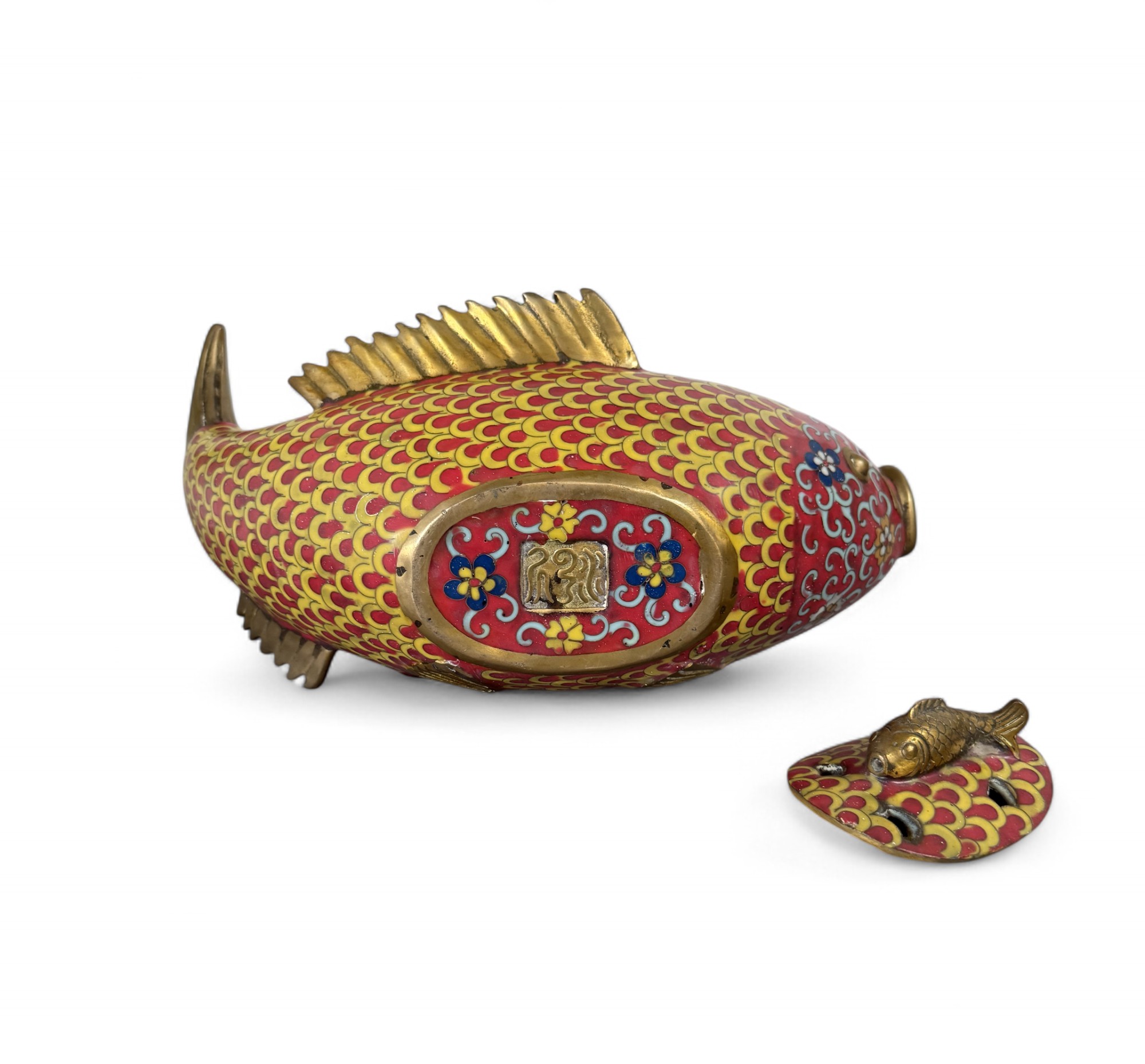 Koi Fisch Bronze Skulptur Cloisonné China mit Deckel – Räuchergefäß