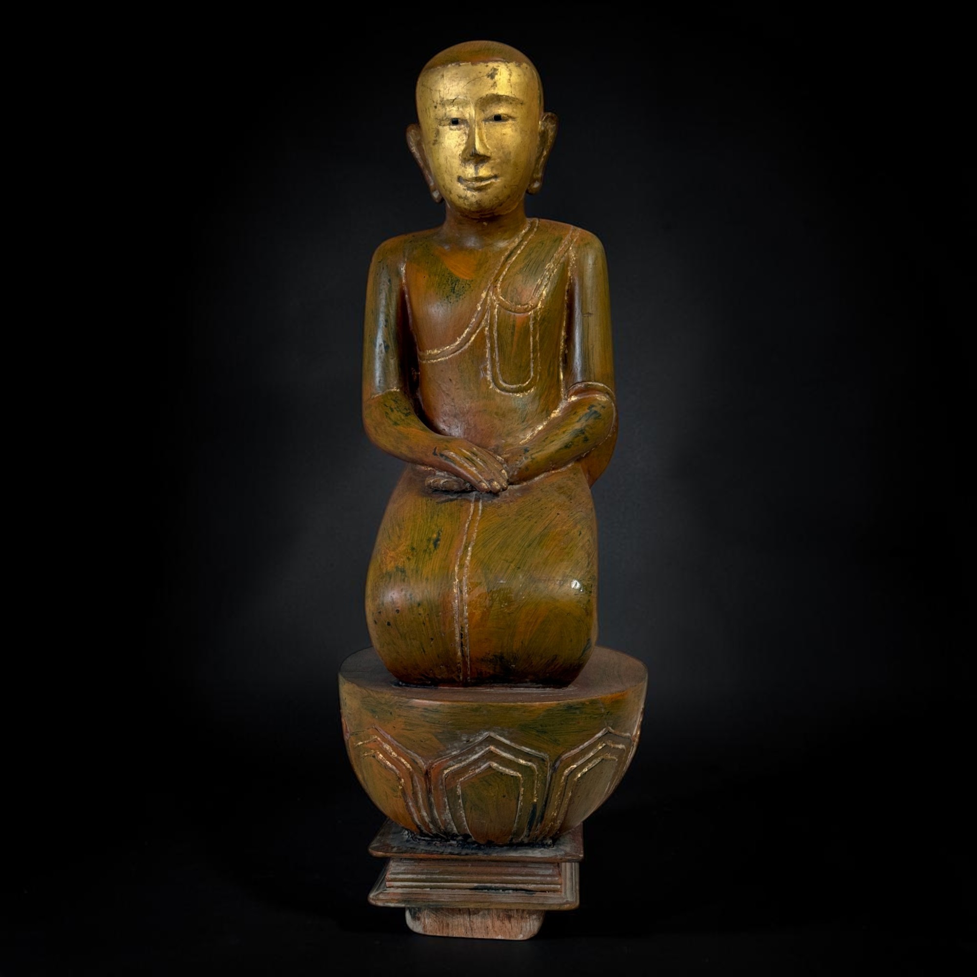 Mönch-Skulptur Sariputta Burma – Alt – Lacquerware &Restvergoldung – 72 cm groß