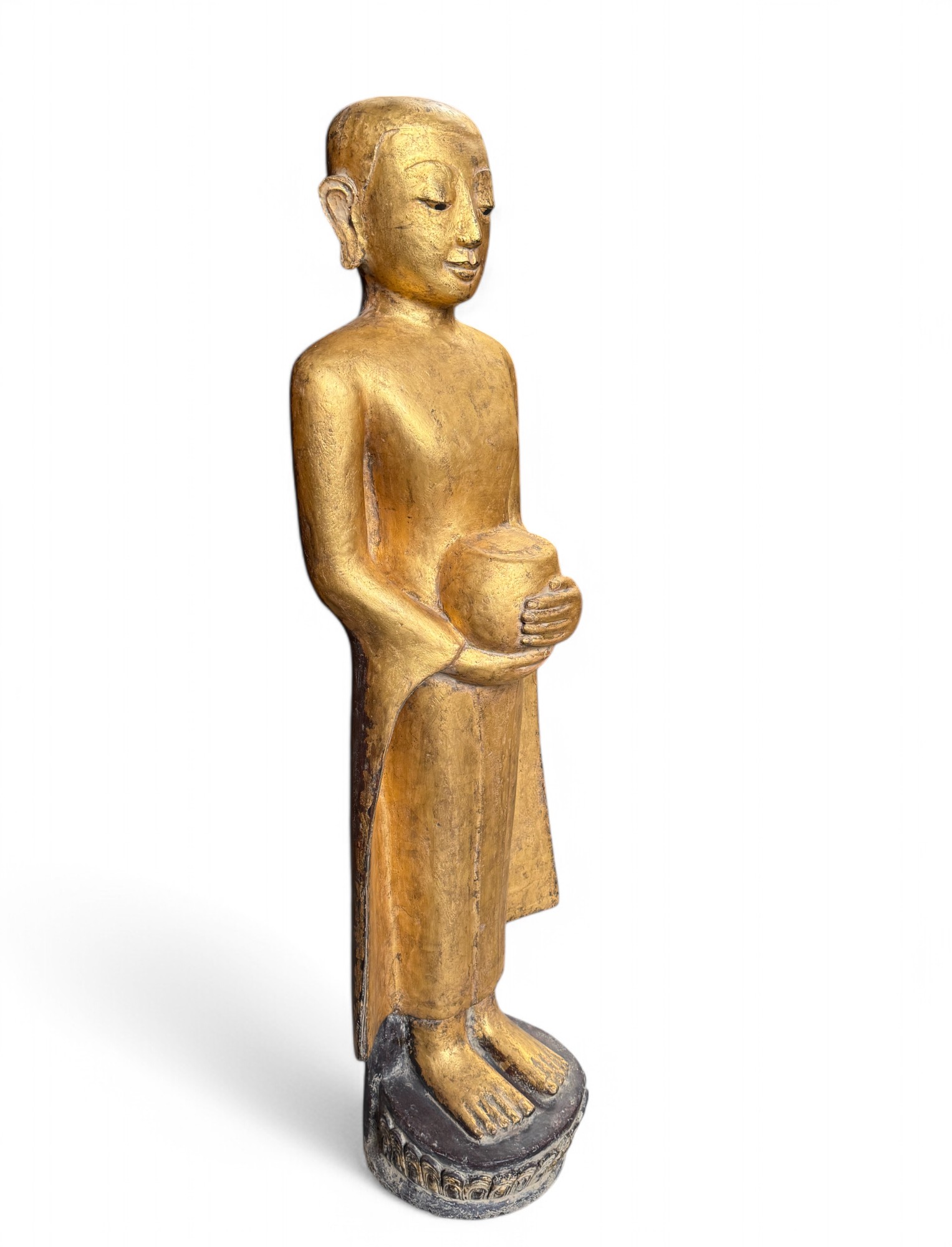 Birma Bettelmönch Statue Lacquerware Skulptur vergoldet 100cm