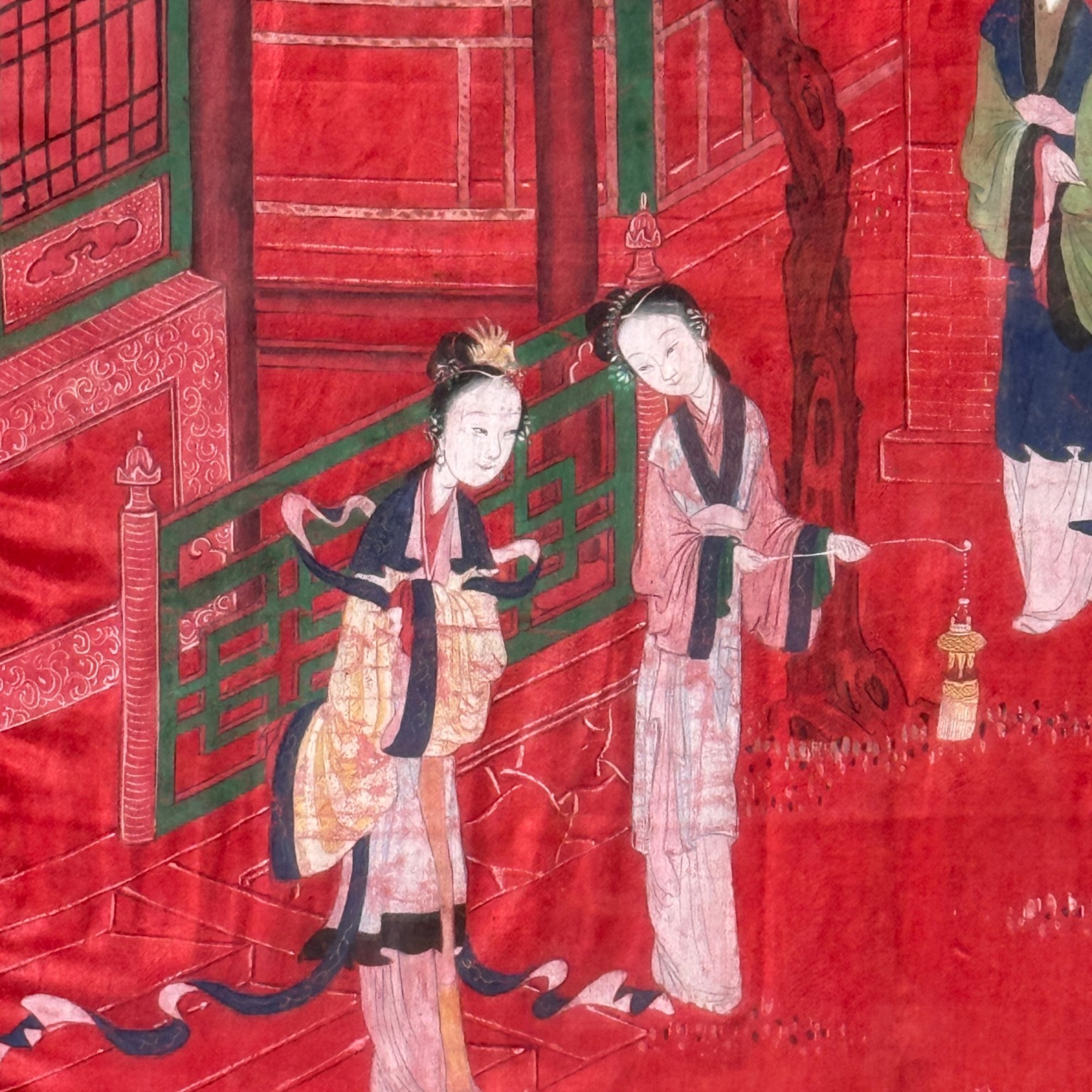 Chinesische Malerei auf Seide – Hofdamen im Palastgarten, gerahmt, 65 x 46 cm