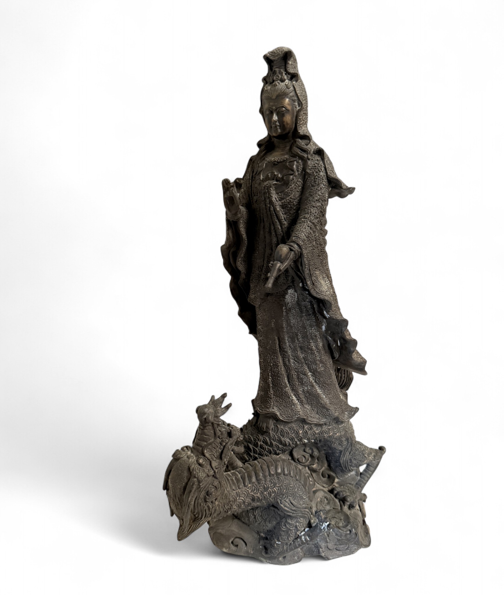 Buddha Figur Bronze Guanyin auf Drache 49cm groß