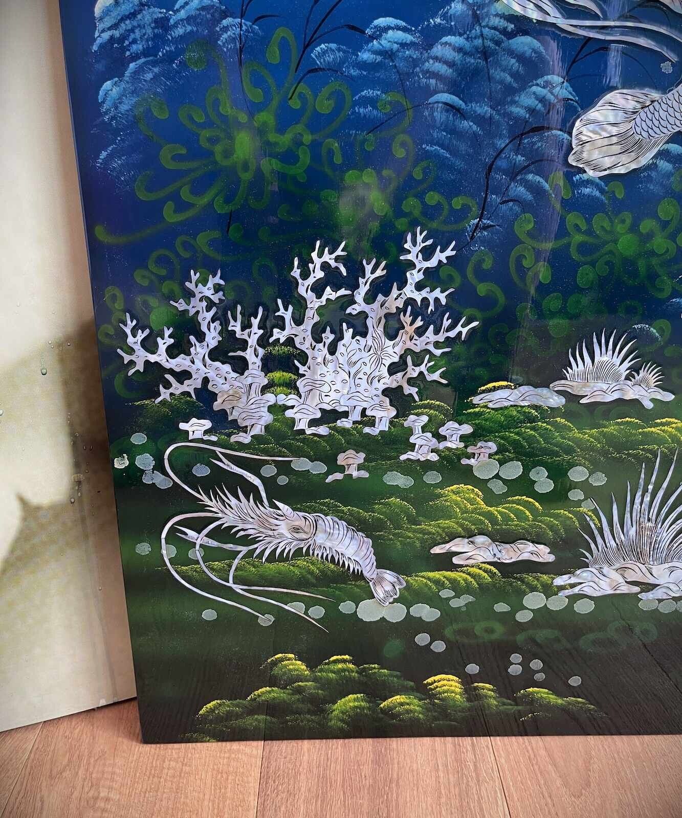 Asiatisches Wandbild Holz Lackbild Perlmutt mit Fische 100 cm