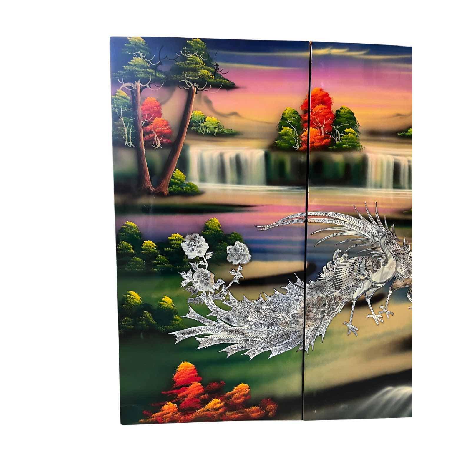 Asiatisches Wandbild Holz Lackbild Perlmutt Wanddeko - Pfau