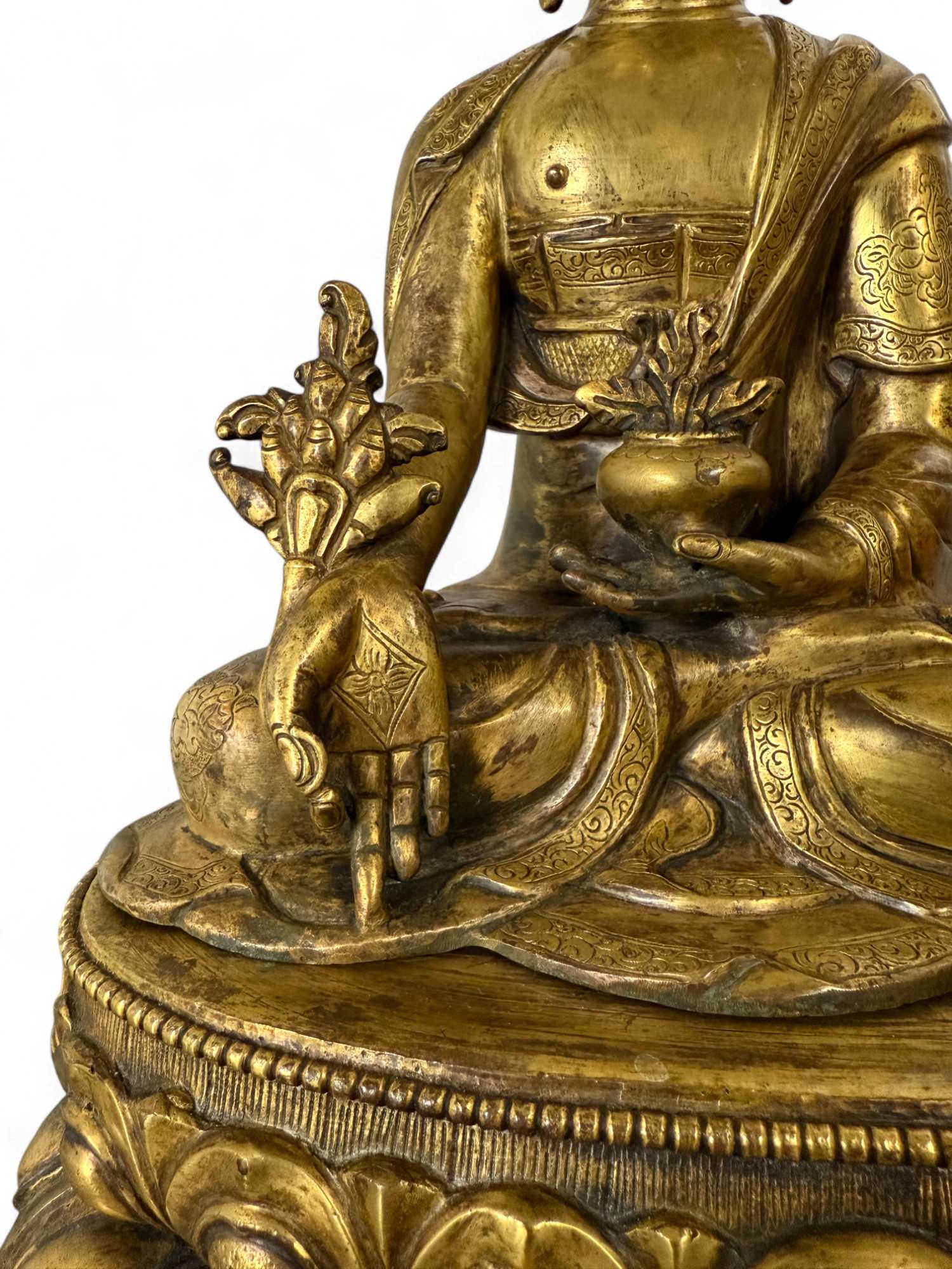 Medizin Buddha Figur vergoldete Bronze Skulptur mit Gravuren