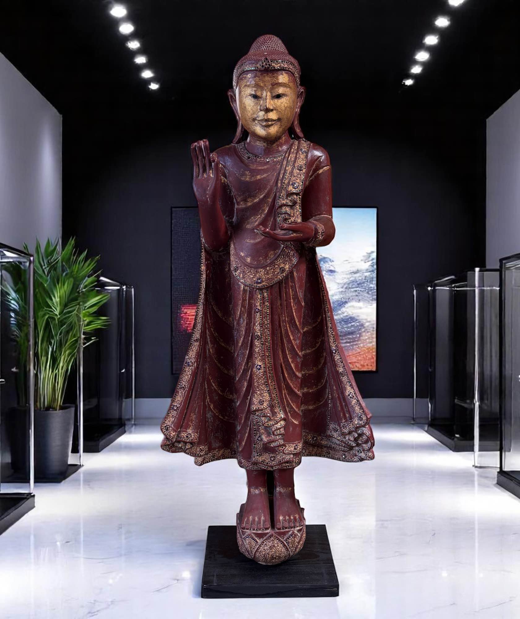 Buddha Statue Birma Teak Holz Skulptur lehrende Geste 150 cm