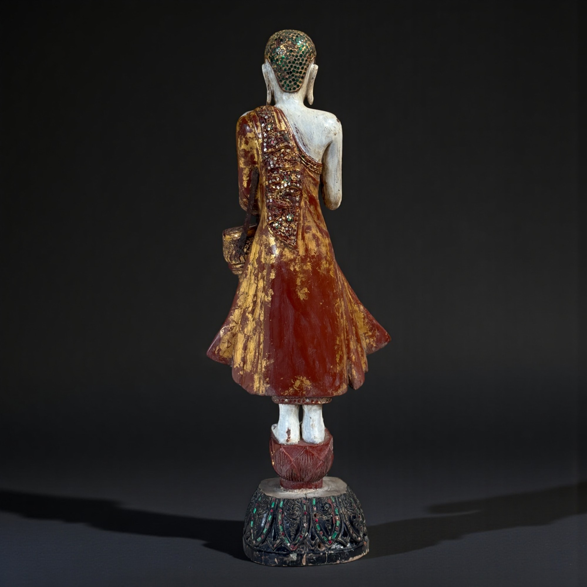 Alter Burma Mönch Holz Figur Trommel Jadestab: Teak Lotussockel Vergoldet 88cm