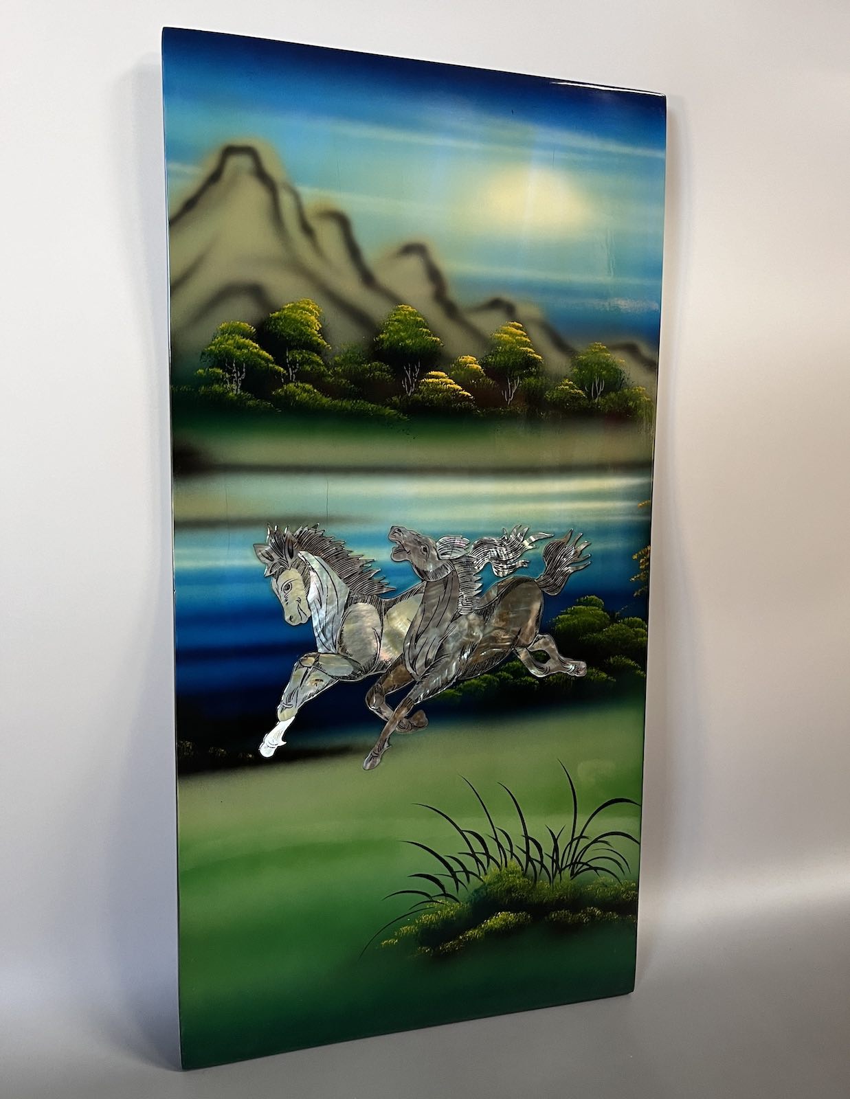 Asiatisches Wandbild Holz Lackbild Perlmutt Wanddeko - Pferde