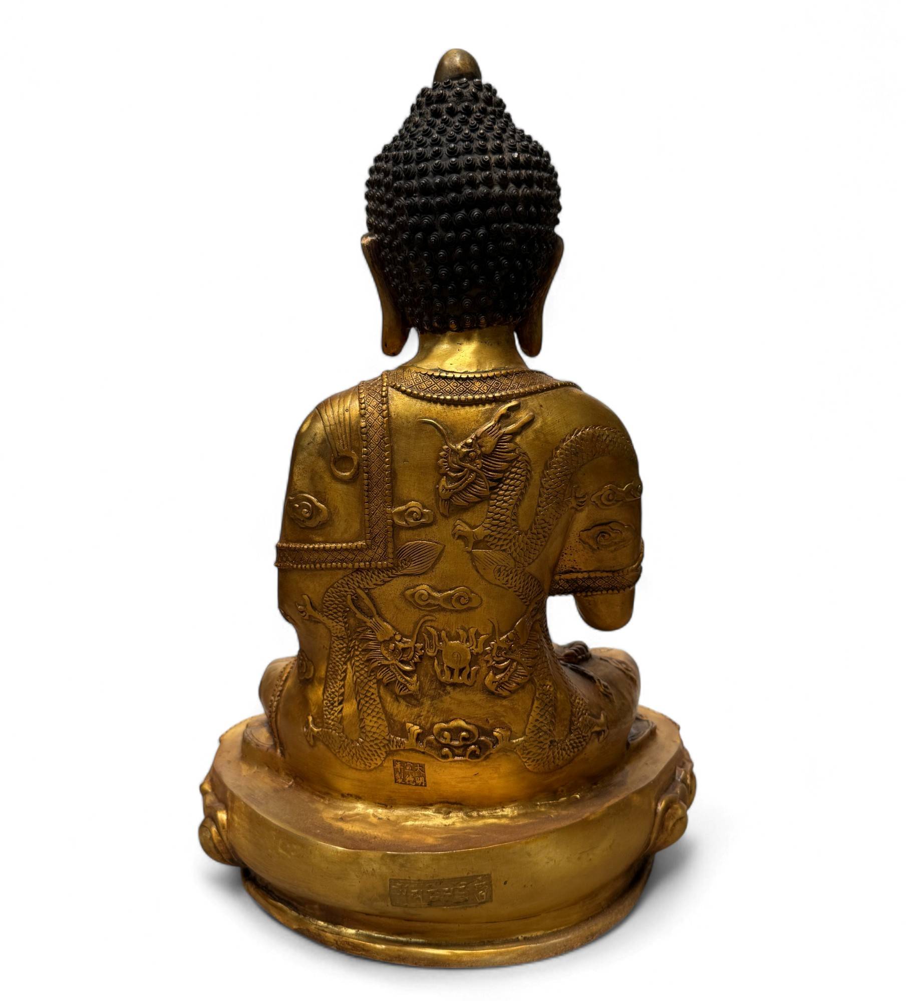 Bronze-Buddha 44 cm – Schutzgeste & Drachen – Sichuan China