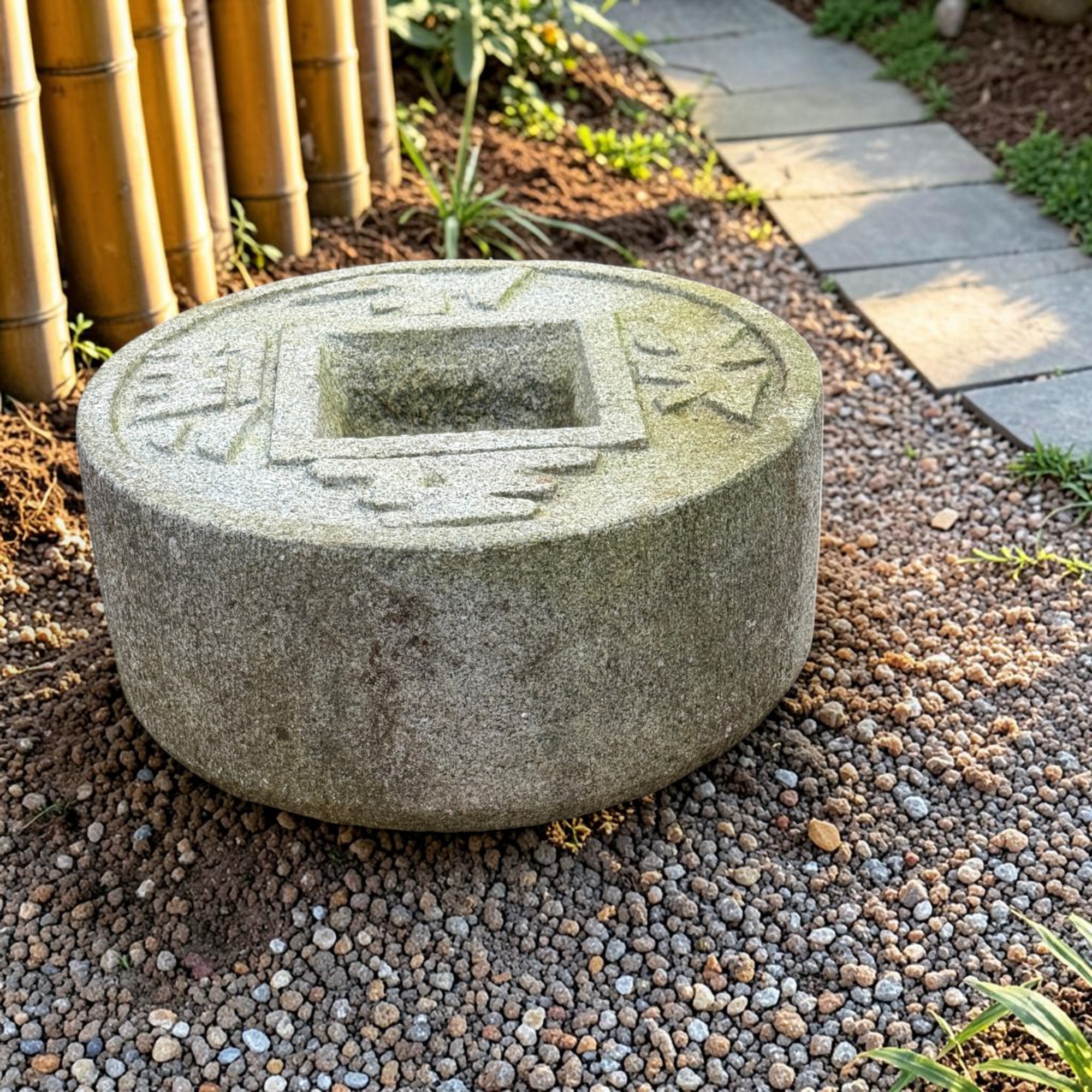 Altes Japanisches Tsukubai Steinbecken Granit - Zen-Münzbecken - 45cm Bemoost