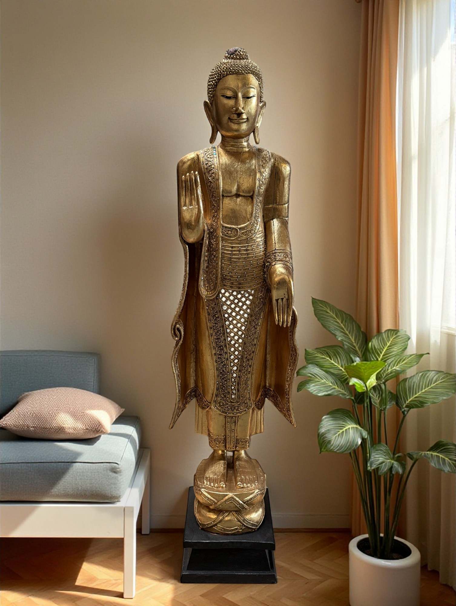 Holz Buddha Statue Thailand Skulptur mit Blattgold, 140 cm