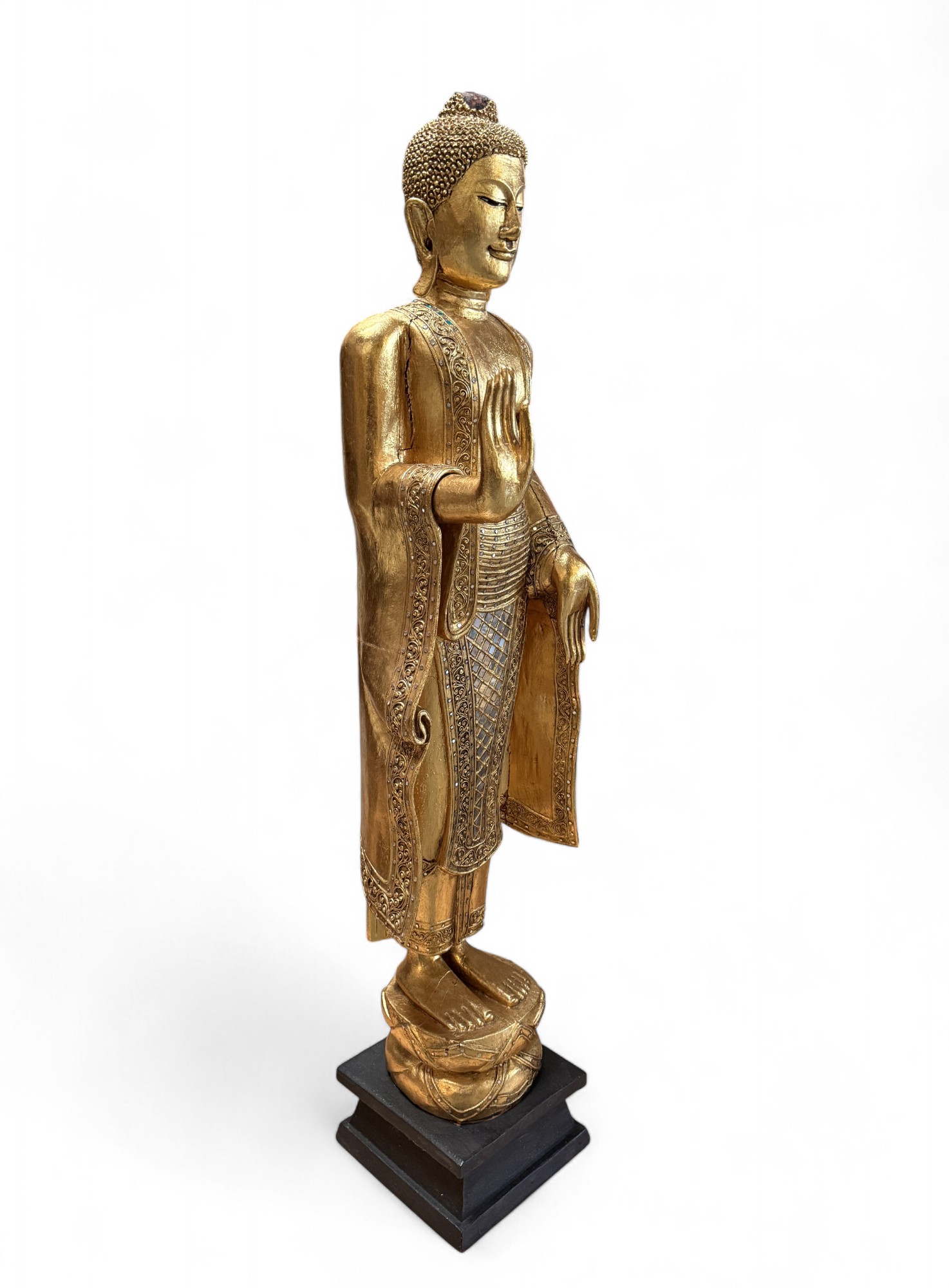 Holz Buddha Statue Thailand Skulptur mit Blattgold, 140 cm