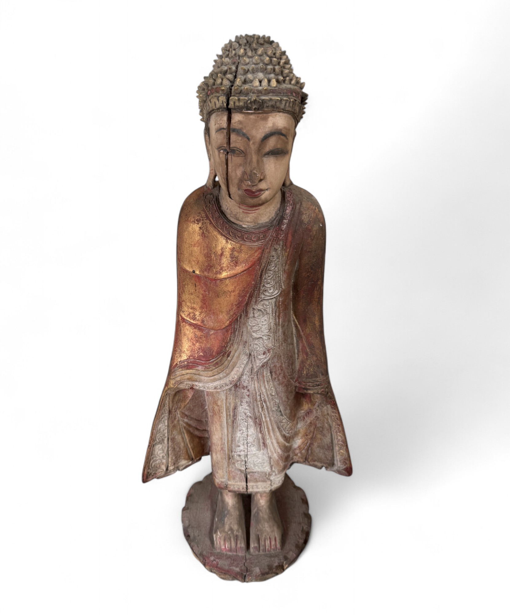Stehender Buddha aus Burma – Teakholz Skulptur ca. 100 Jahre