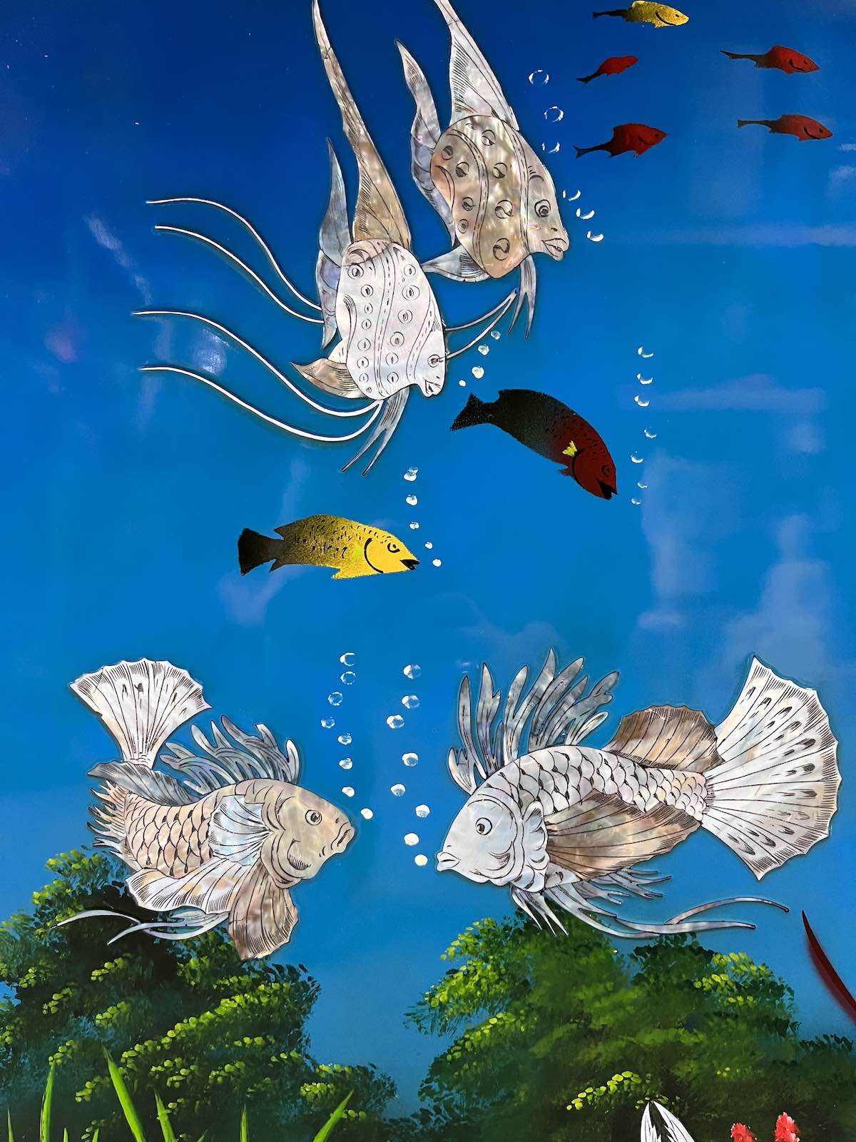 Asiatisches Wandbild Holz Lackbild Perlmutt mit Fische 100 cm