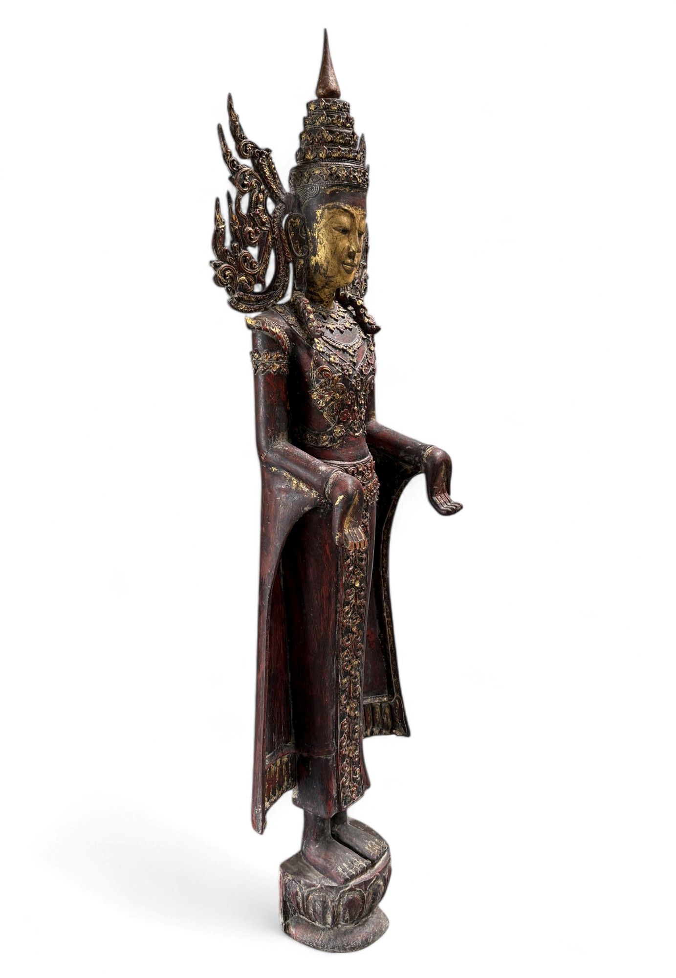 Königs-Buddha Statue Birma Teak Holz Skulptur Wunschgewährungs Geste