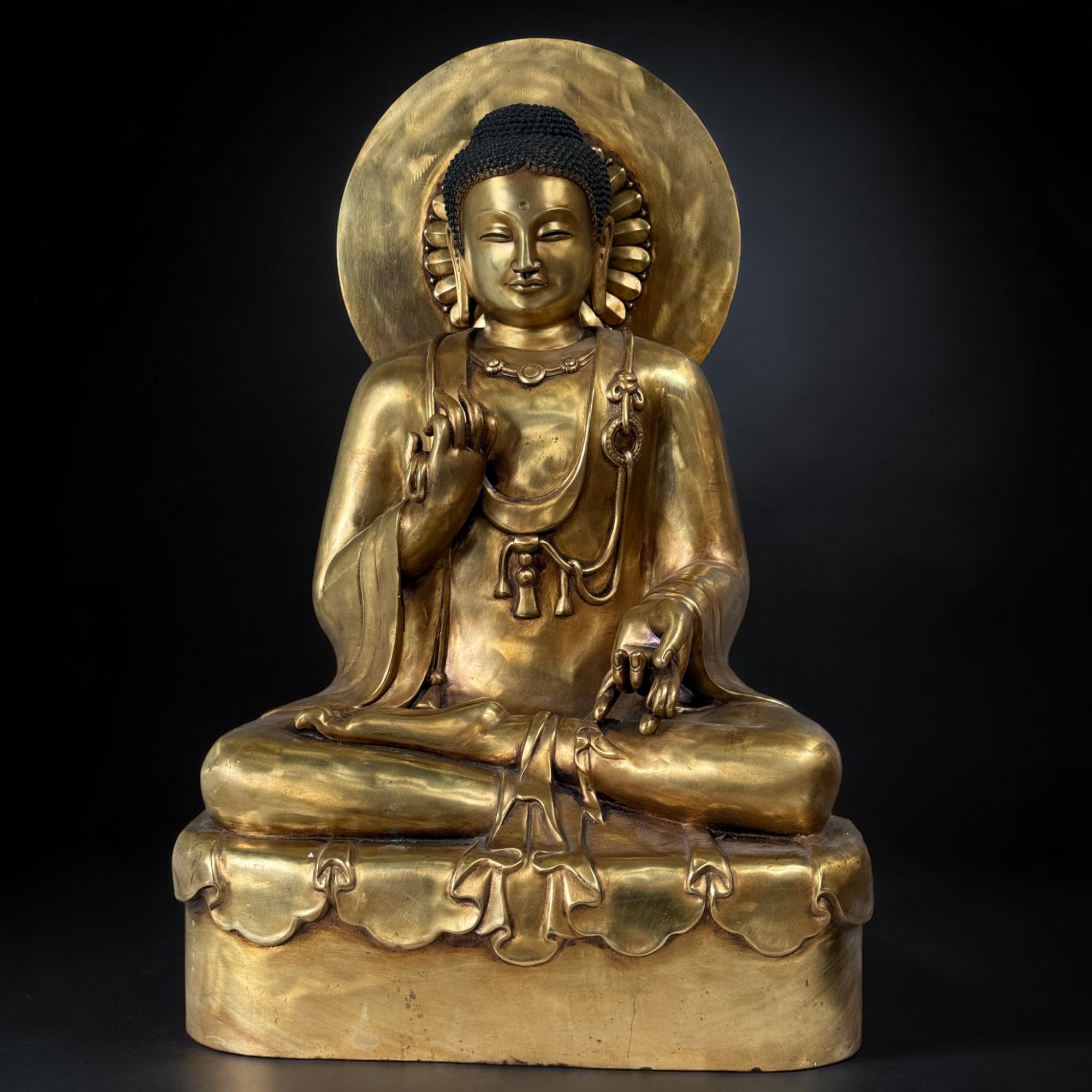 Sitzende Bronze Buddha Skulptur mit Nimbus Sichuan 60cm