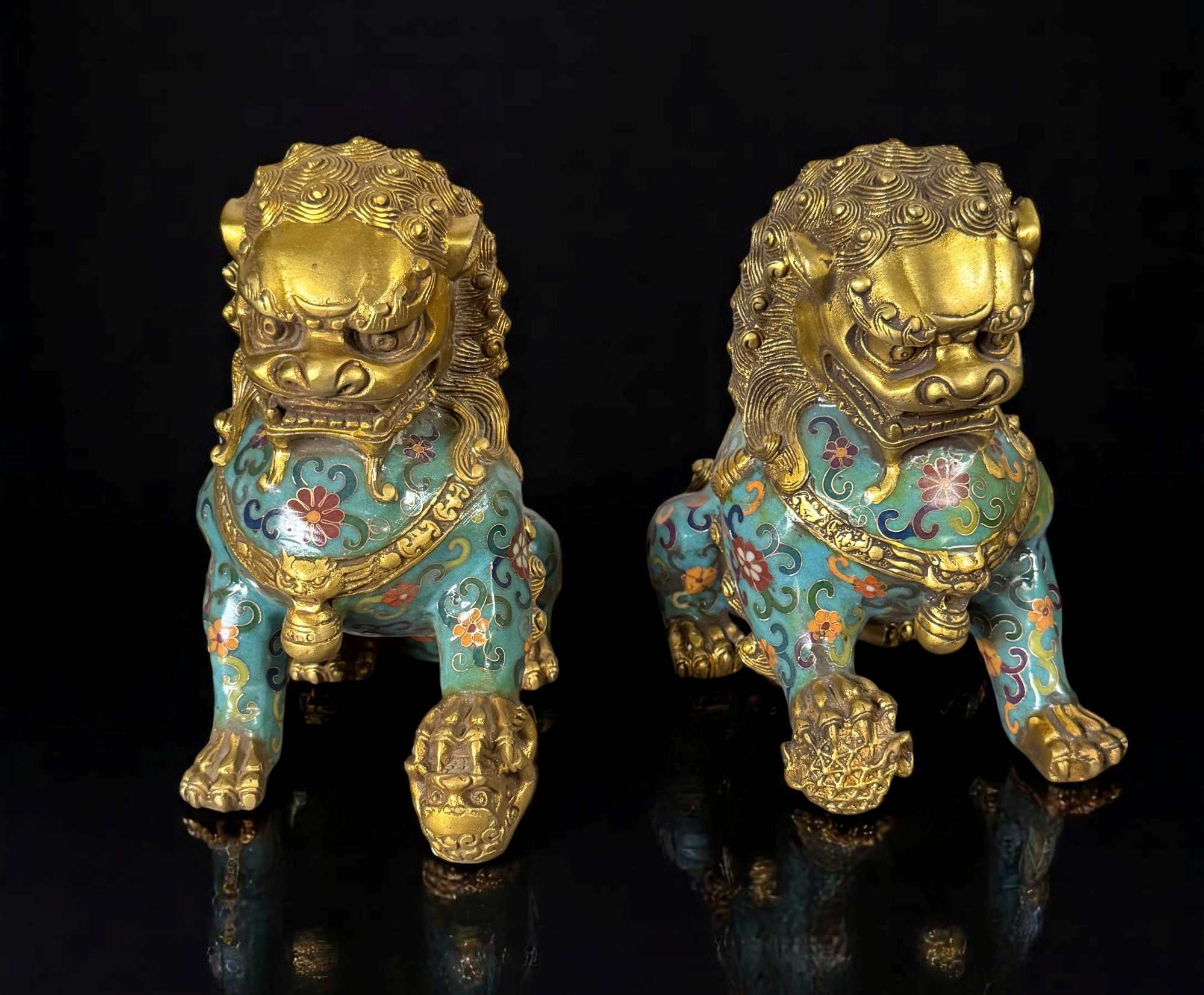 Chinesische Wächterlöwen Bronze Skulpturen Cloisonne Figuren