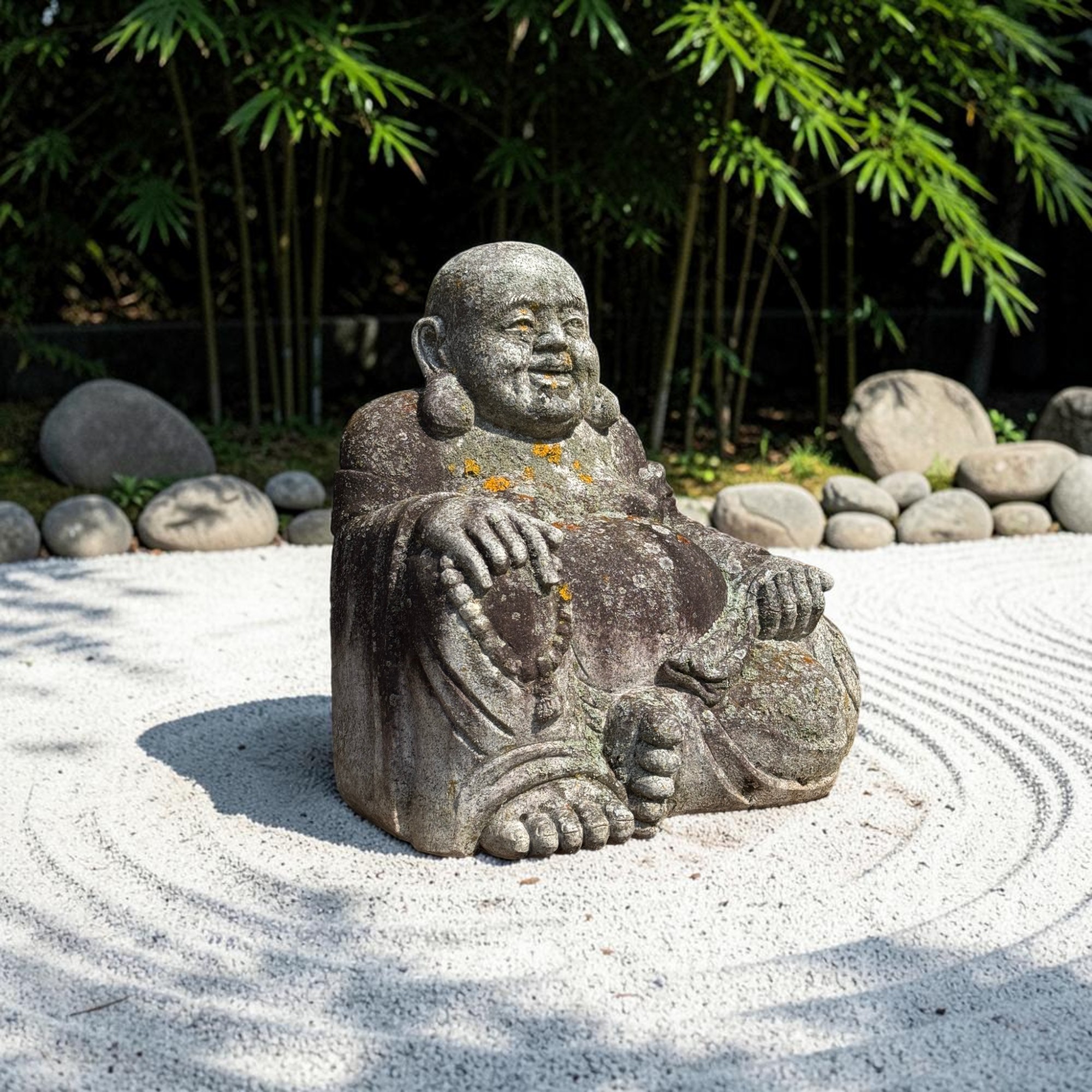Happy Buddha aus Granit - Alte Steinfigur Gartenfigur
