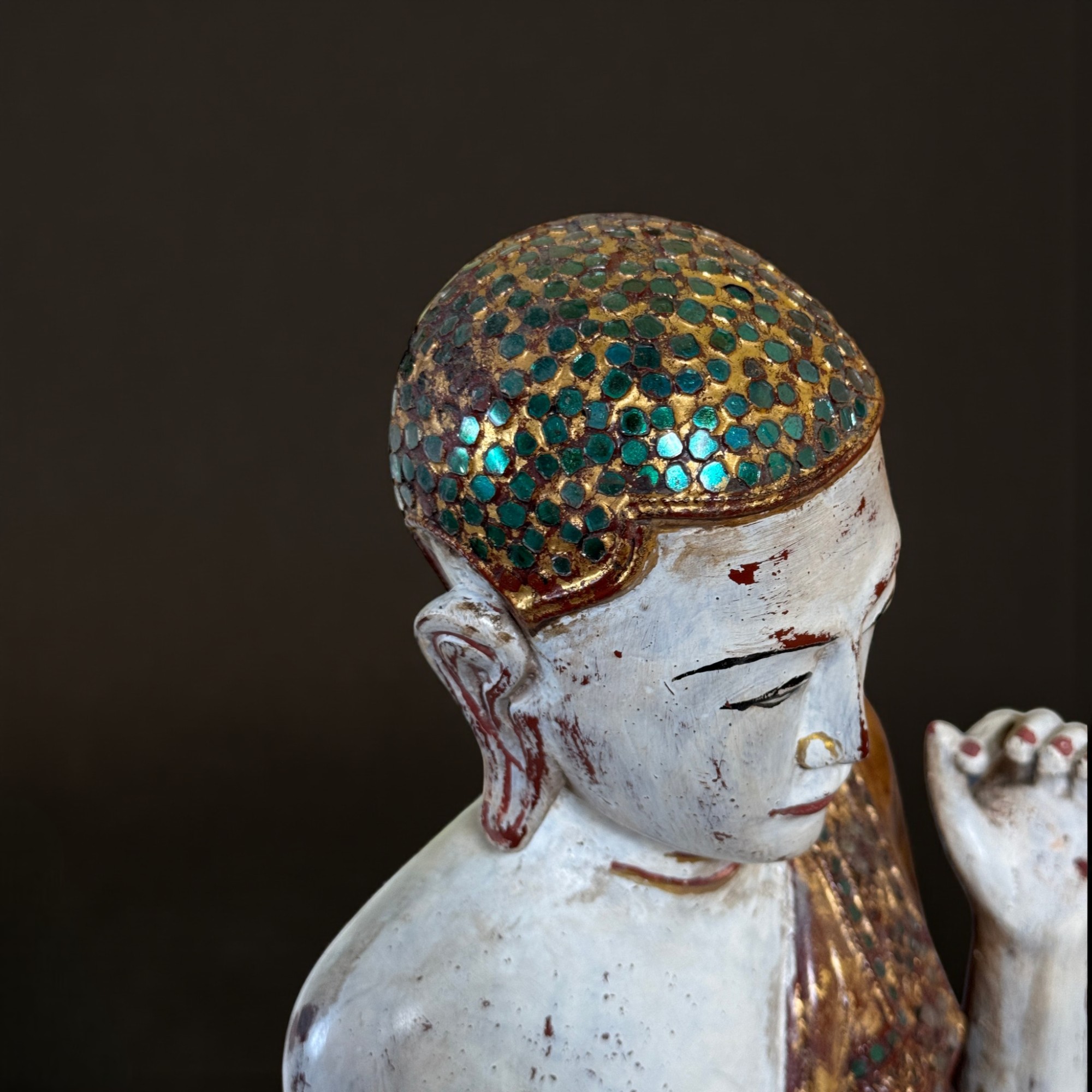 Alter Burma Mönch Holz Figur Trommel Jadestab: Teak Lotussockel Vergoldet 88cm