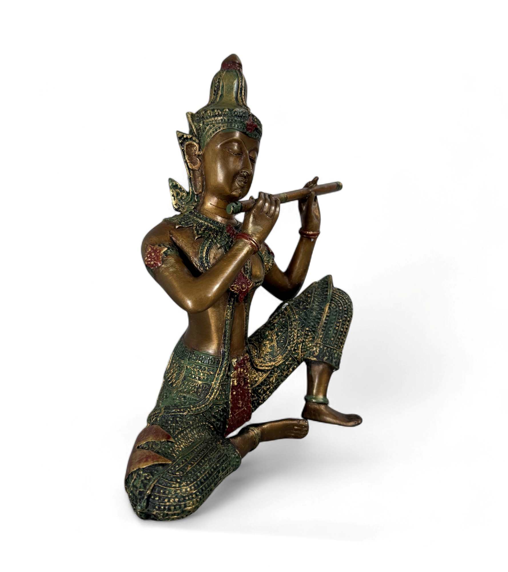 Thailändische Apsara Musikantin aus Bronze mit Flöte