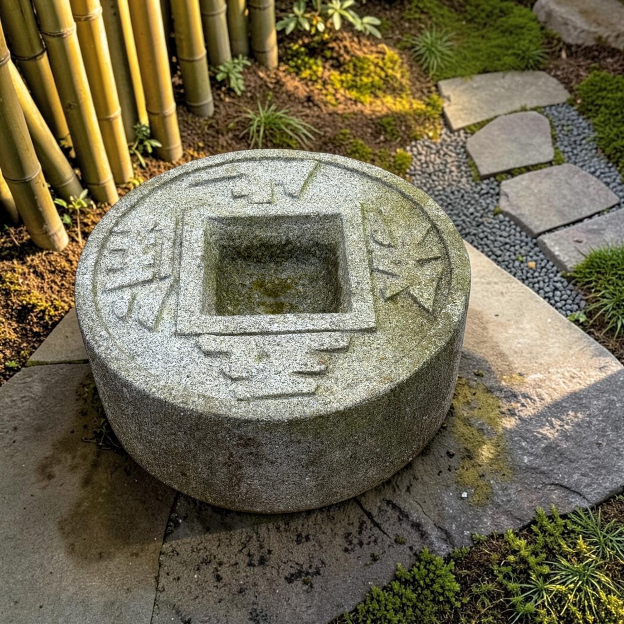 Altes Japanisches Tsukubai Steinbecken Granit - Zen-Münzbecken - 45cm Bemoost