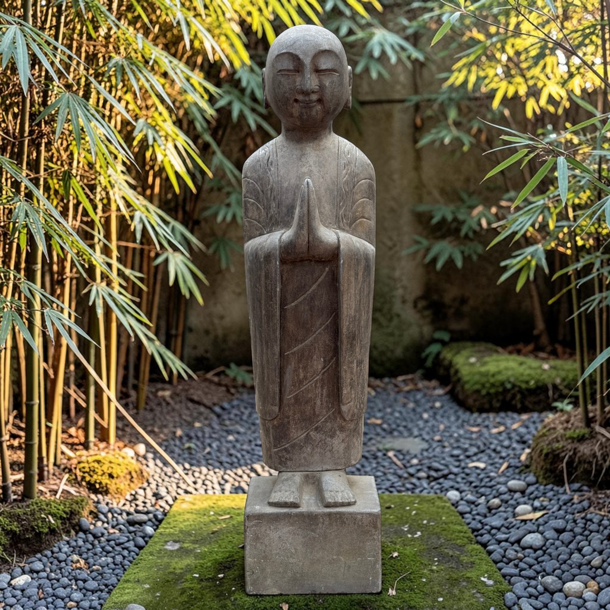 Zen Mönch Statue Naturstein 101cm | Handarbeit Tibet-Sichuan | Altes Unikat 70kg