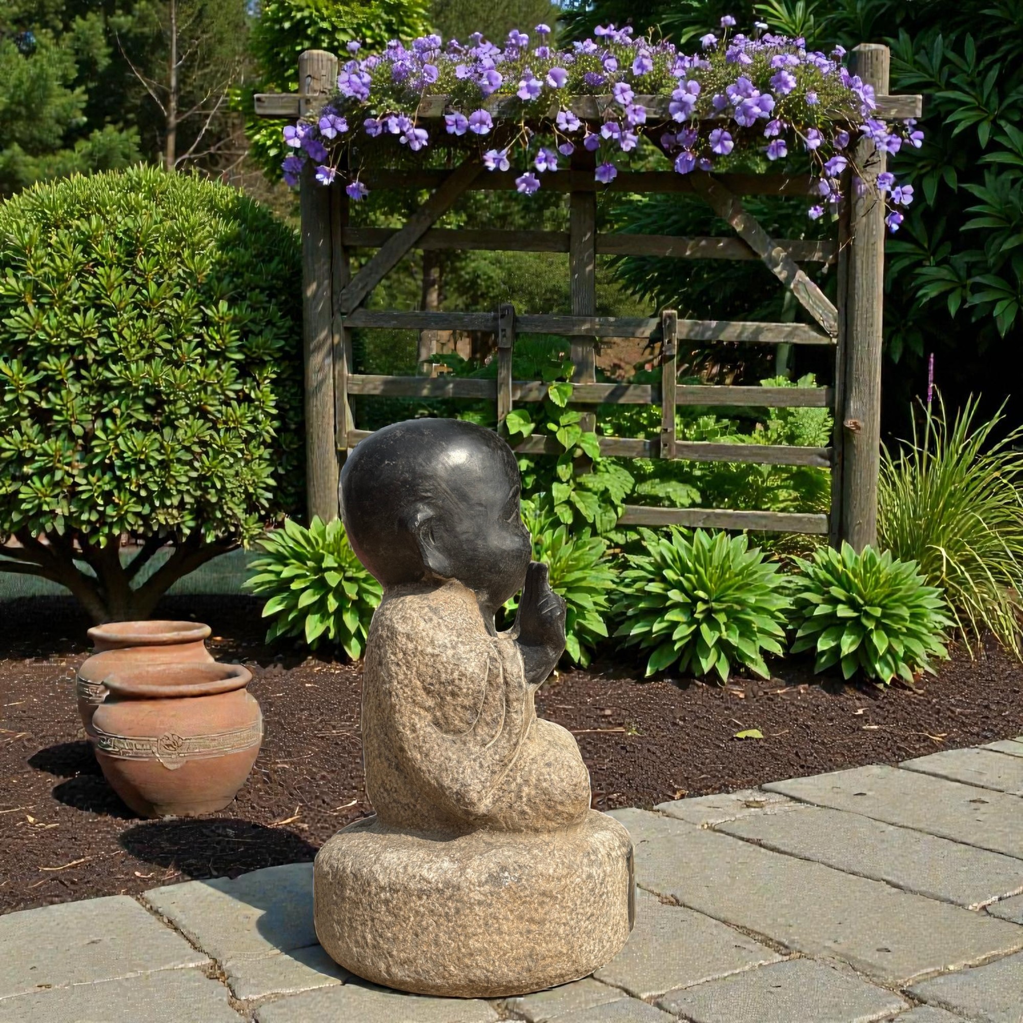 Zen Mönch Gartenfigur aus Naturstein Prana Mudra frostfest & witterungsbeständig