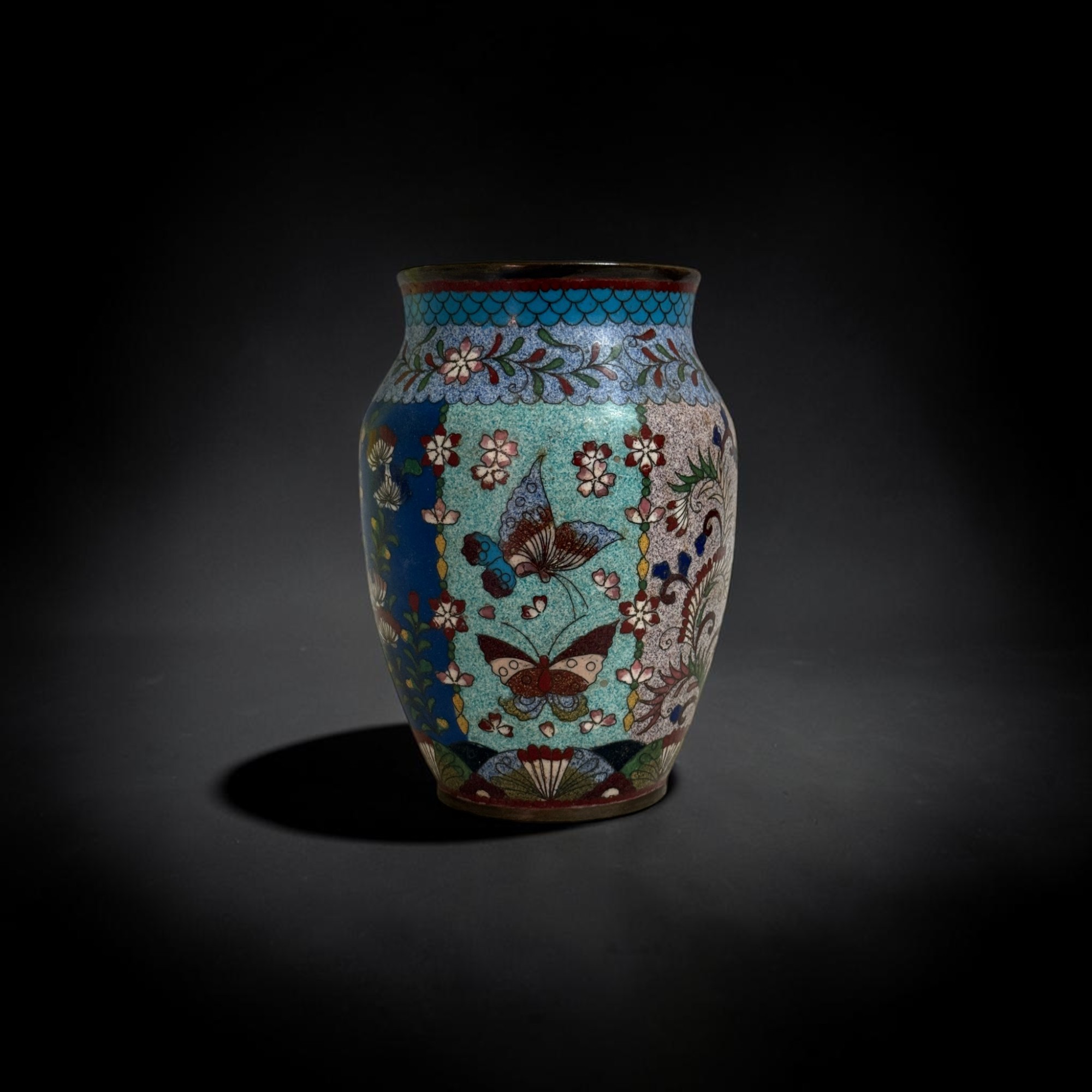 Cloisonné Vase Emaille Messing Bronze China 60er Jahre alt 19cm