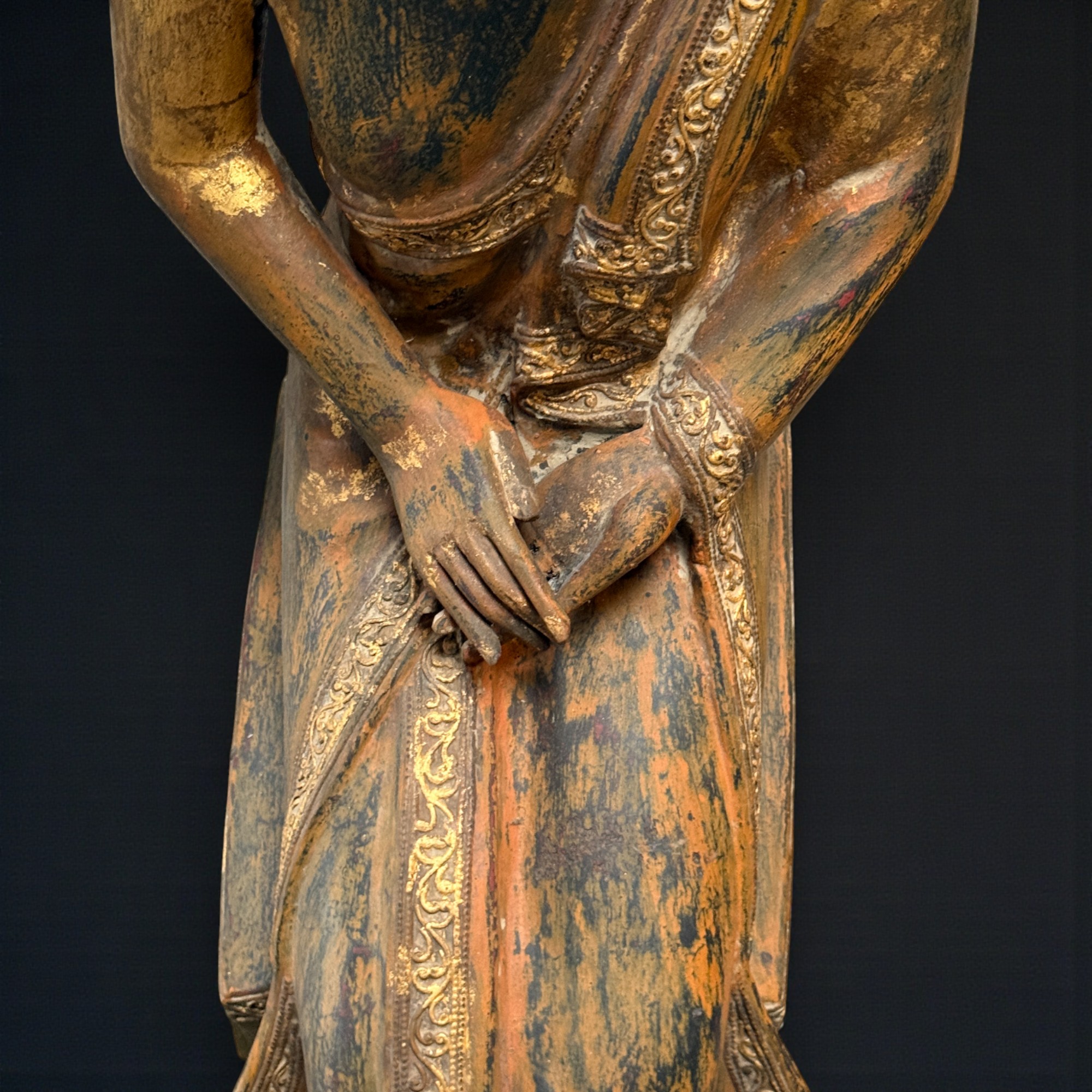 Alte Burma Buddha Skulptur Lacquerware teilvergoldet 100 cm