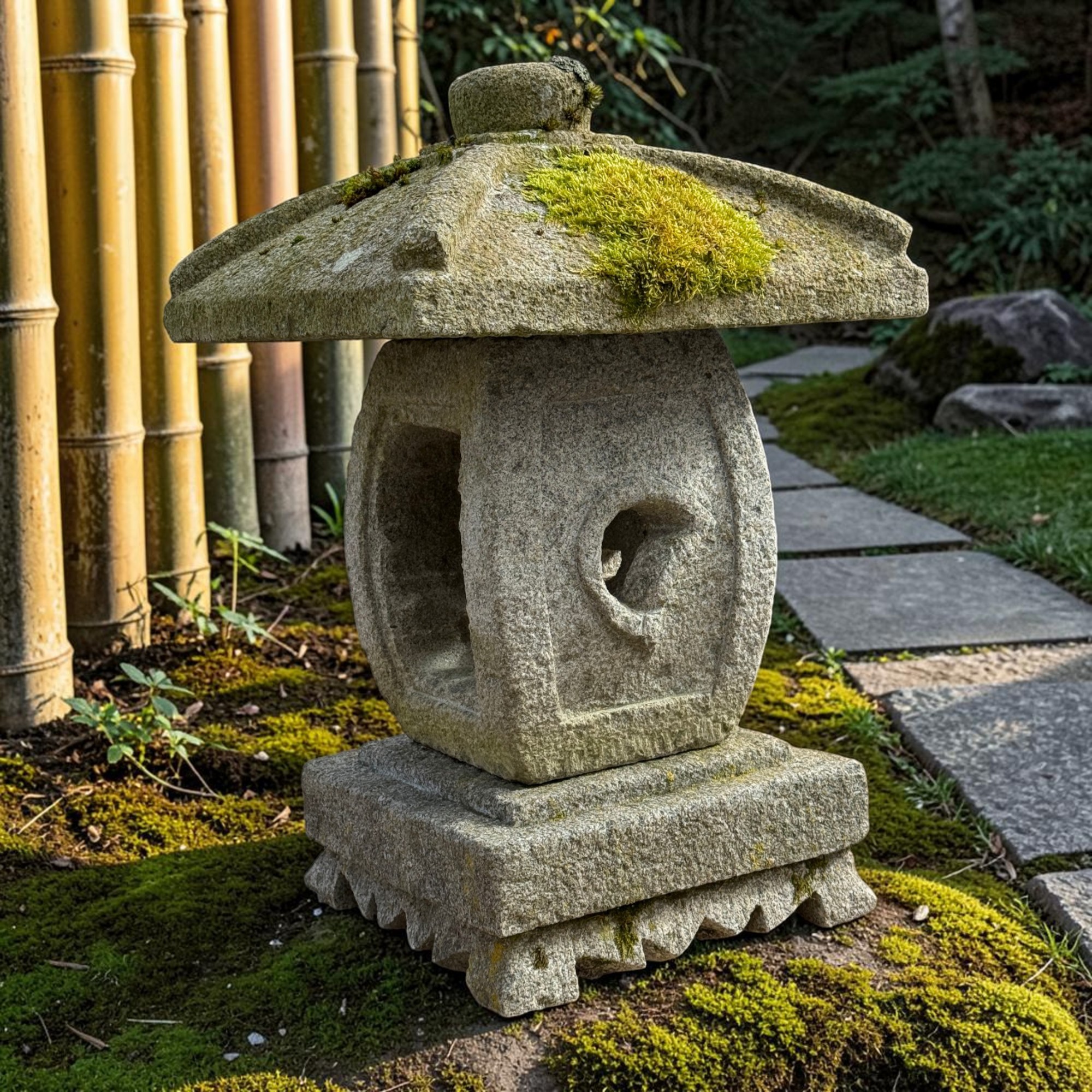 Alte Japanische Steinlaterne Granit 62cm - Ikekomi-Stil - Bemoost & Frostfest