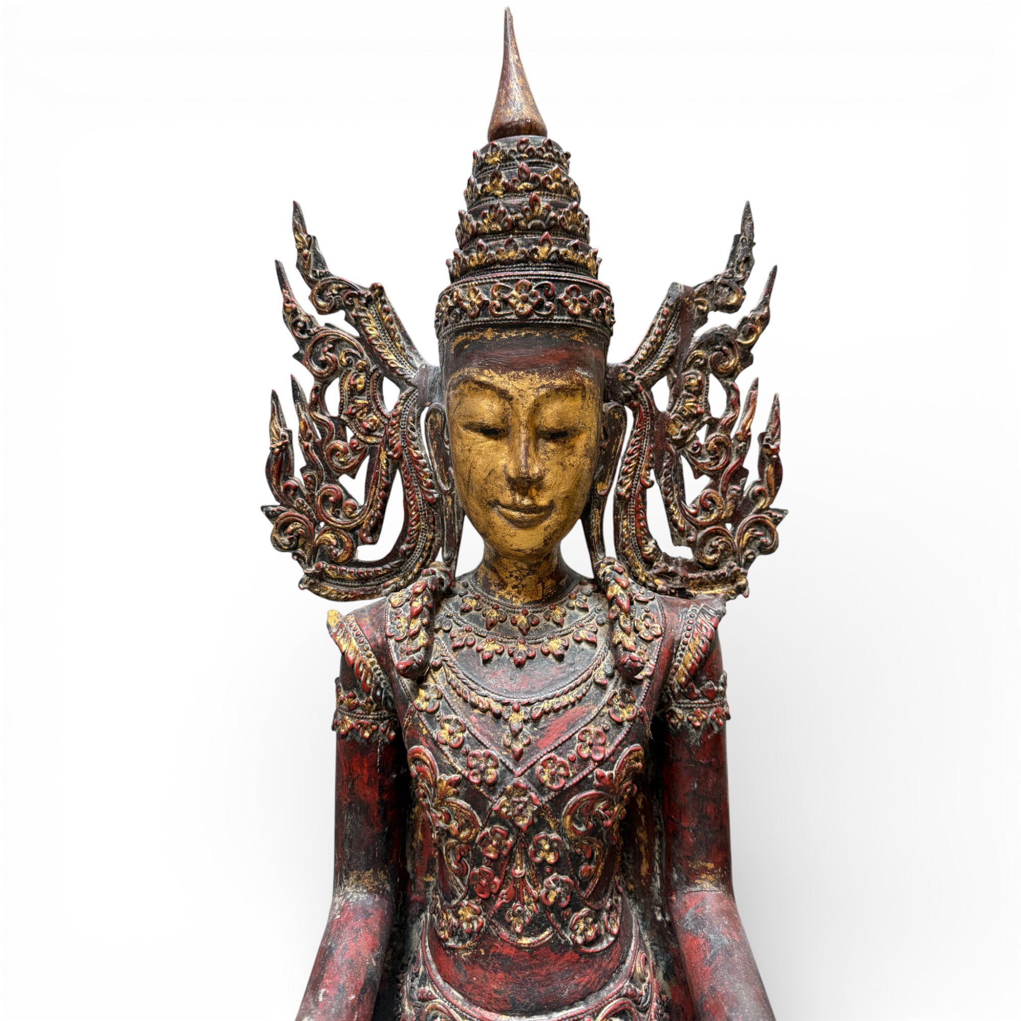 Königs-Buddha Statue Birma Teak Holz Skulptur Wunschgewährungs Geste